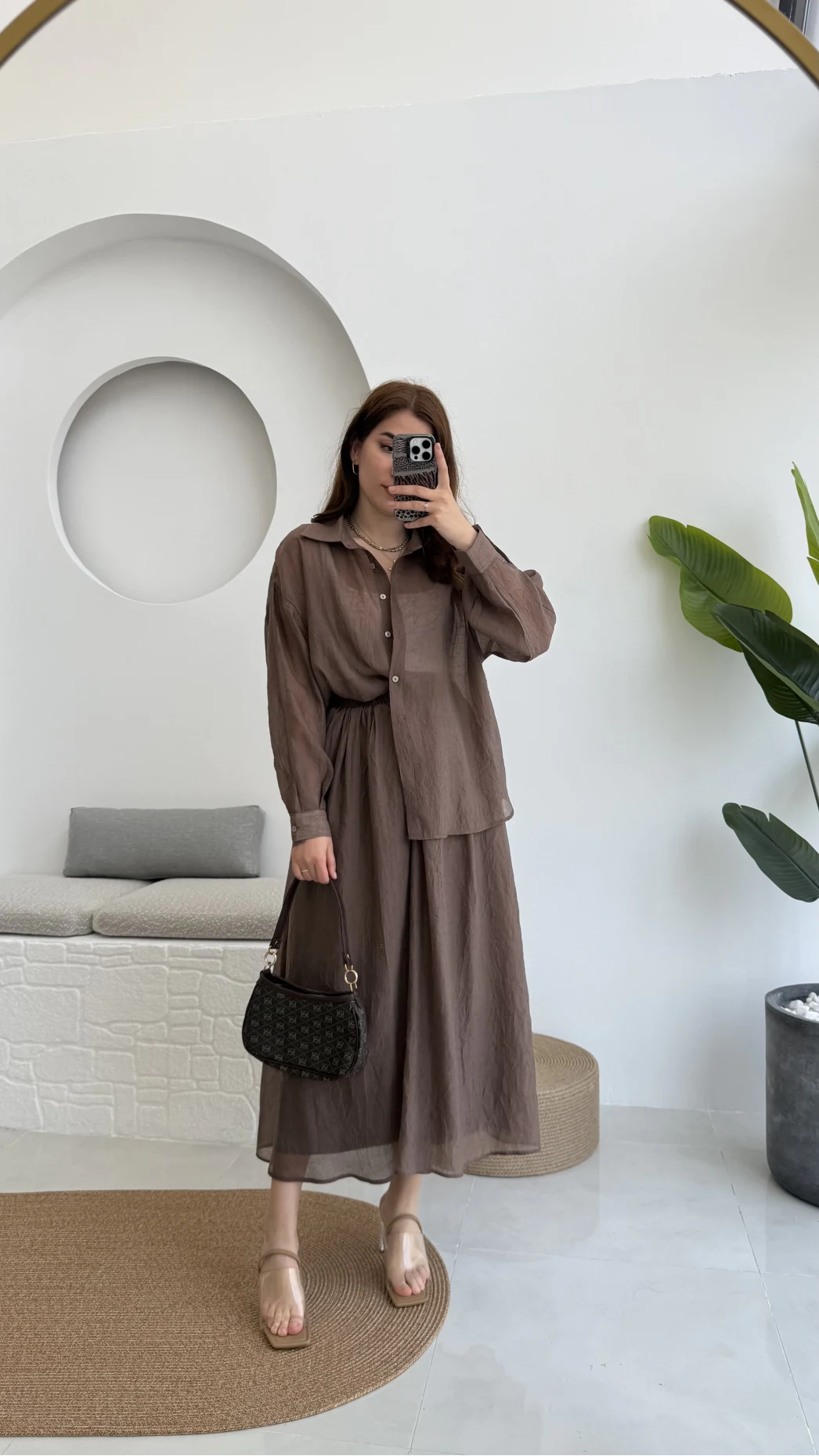 Kloş Etek ve Gömlek Takım Kahve