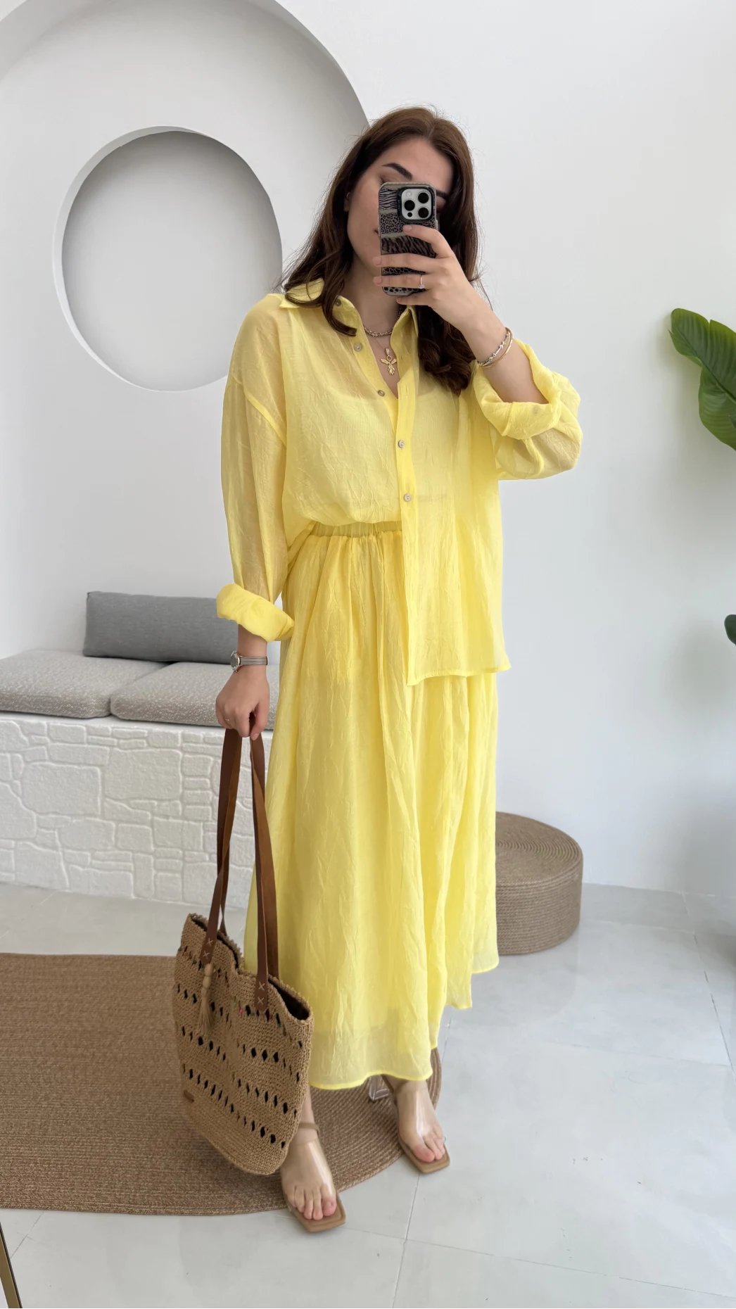 Kloş Etek ve Gömlek Takım Sarı