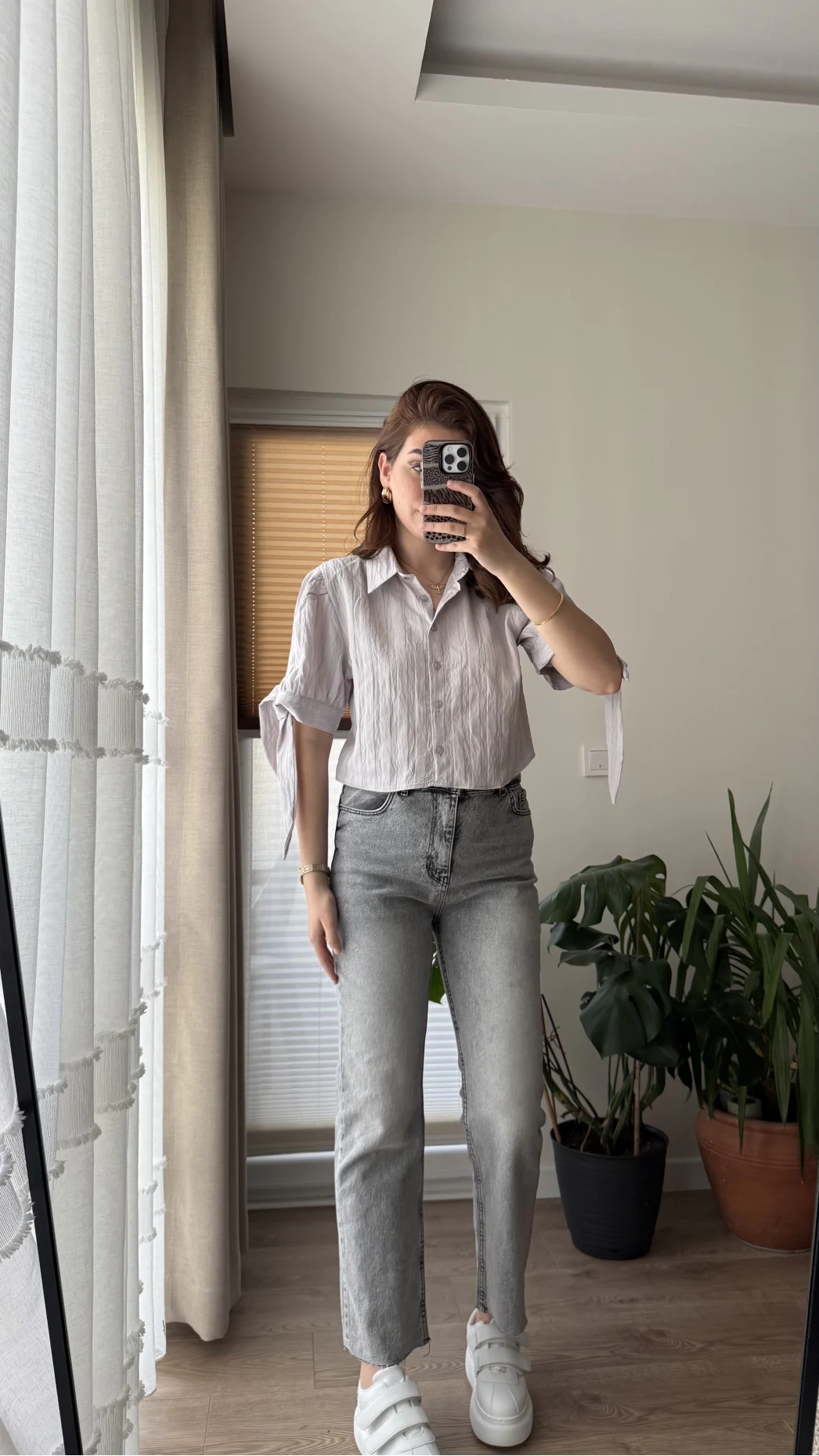 Kolları Bağlama Detay Gömlek Gri