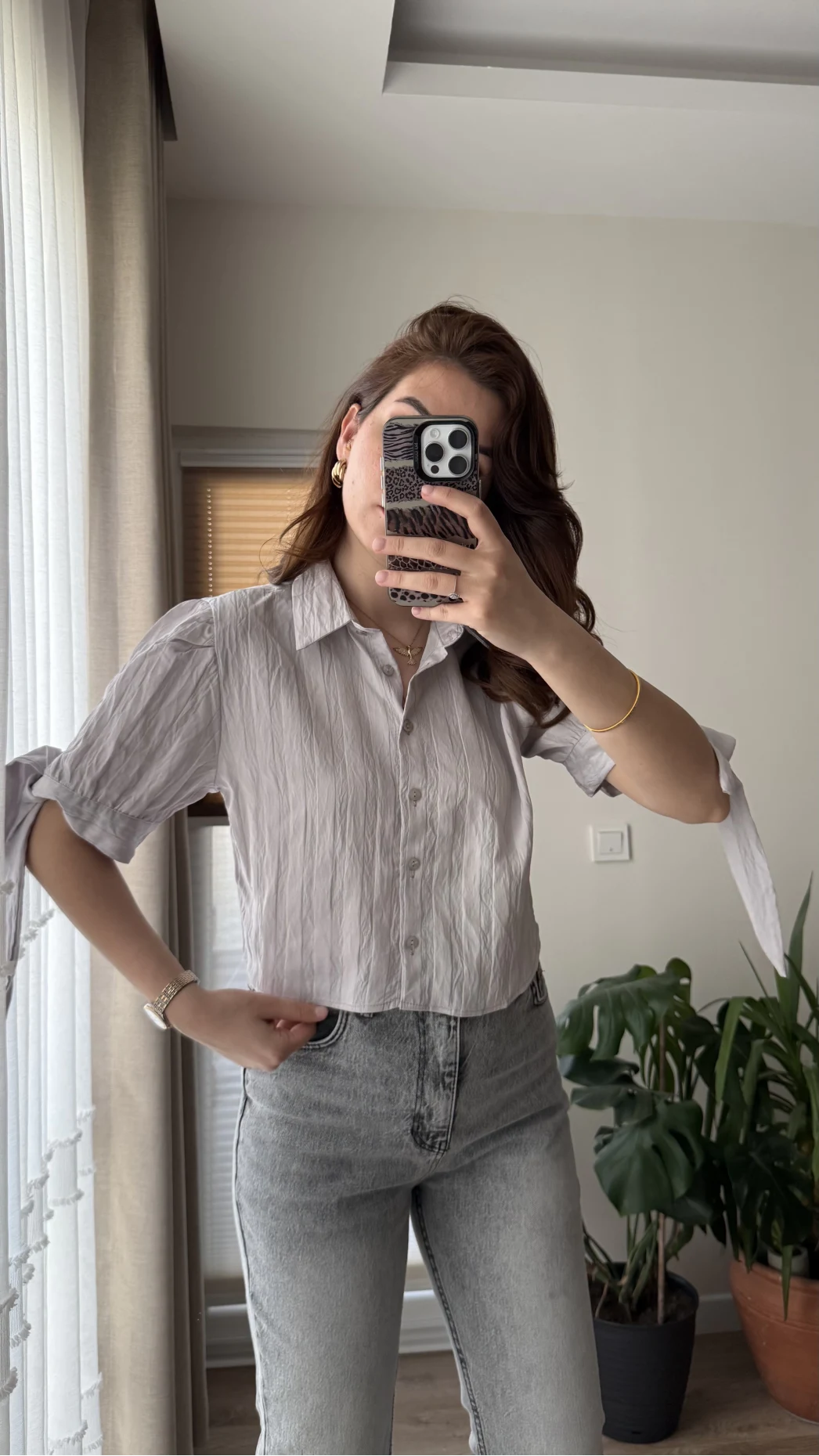 Kolları Bağlama Detay Gömlek Gri