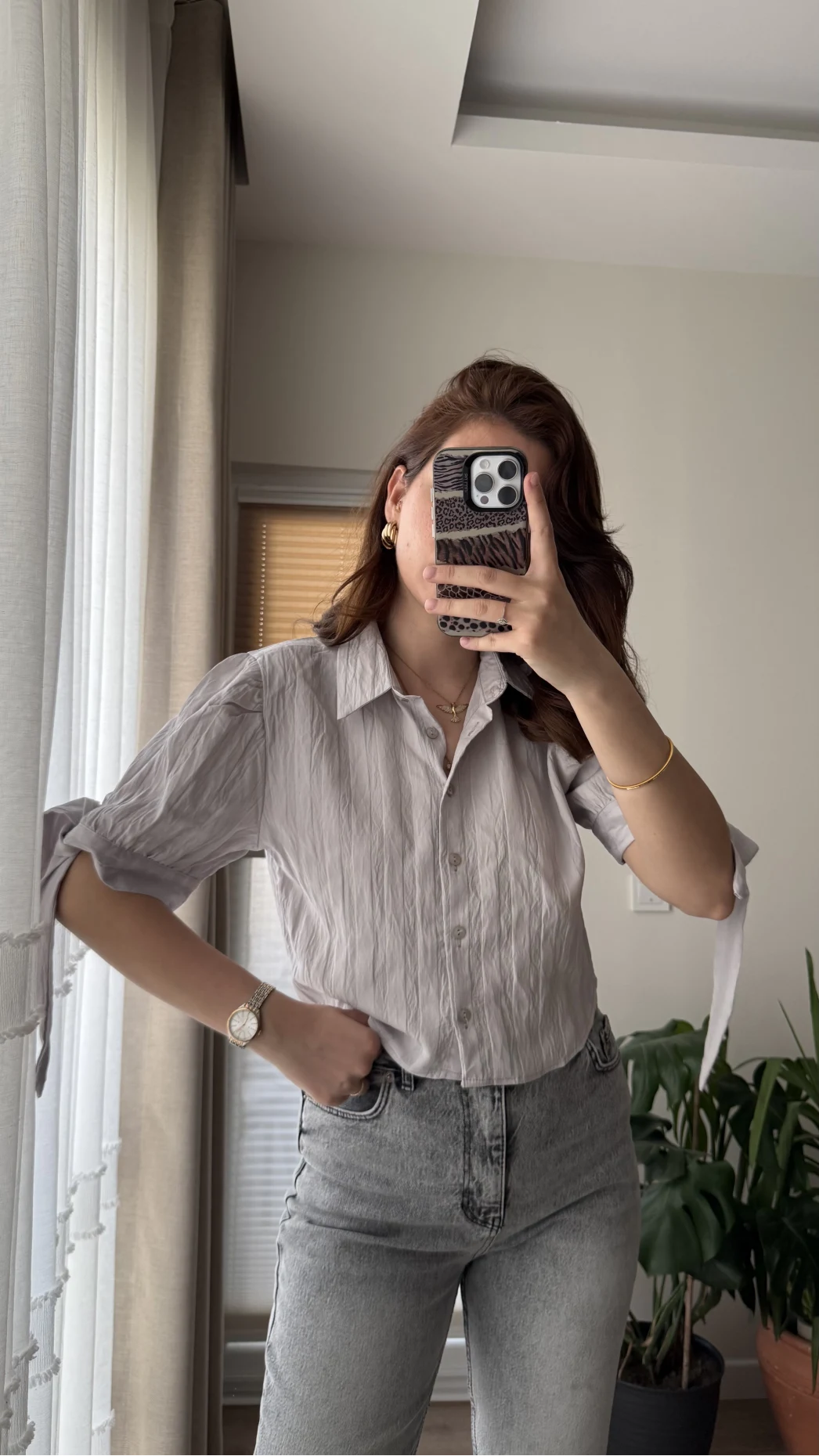 Kolları Bağlama Detay Gömlek Gri