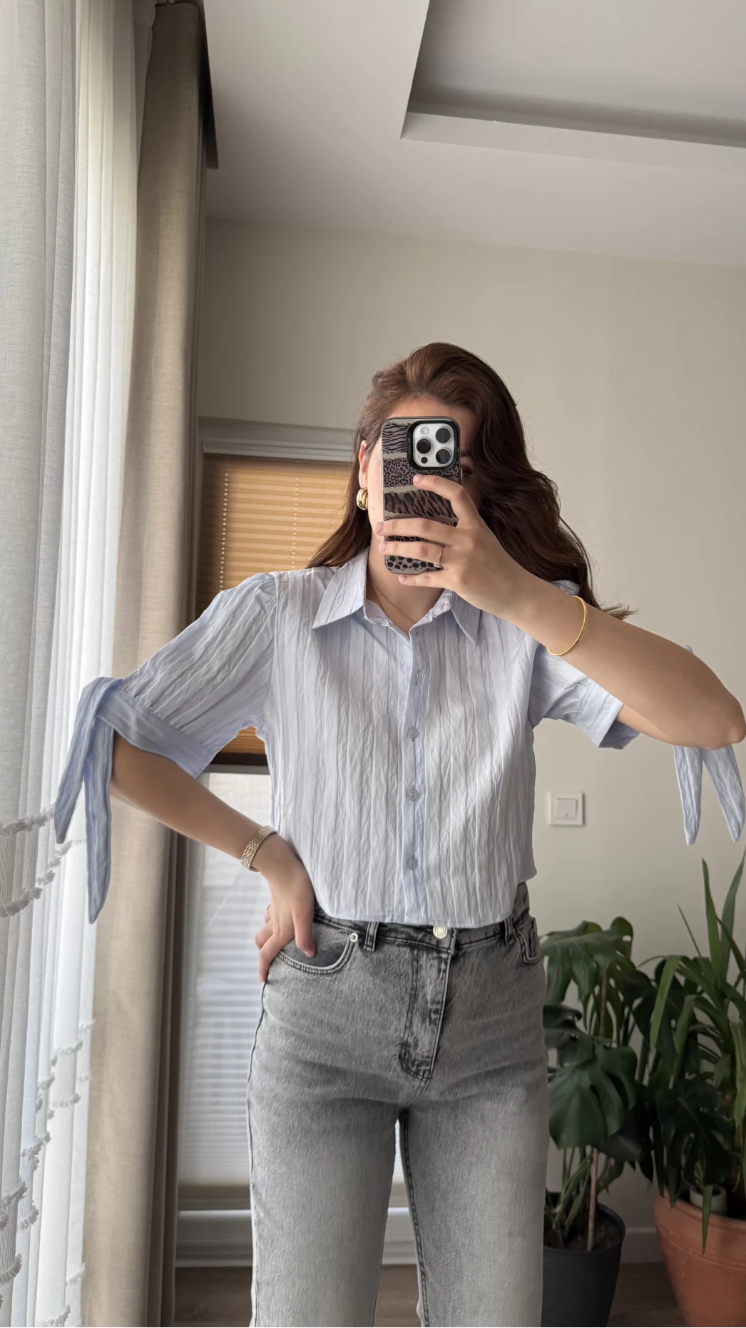 Kolları Bağlama Detay Gömlek Mavi