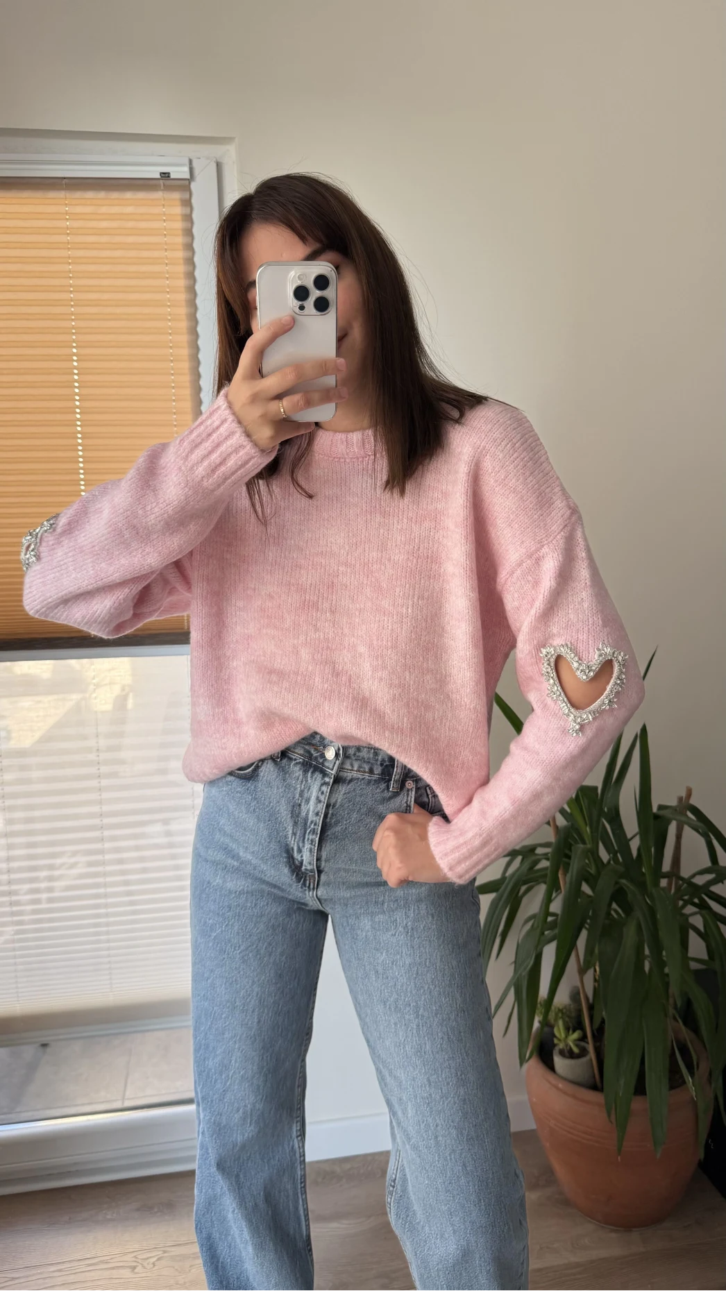 Kolları Kalp Detay Mücevher Model Kazak Pembe