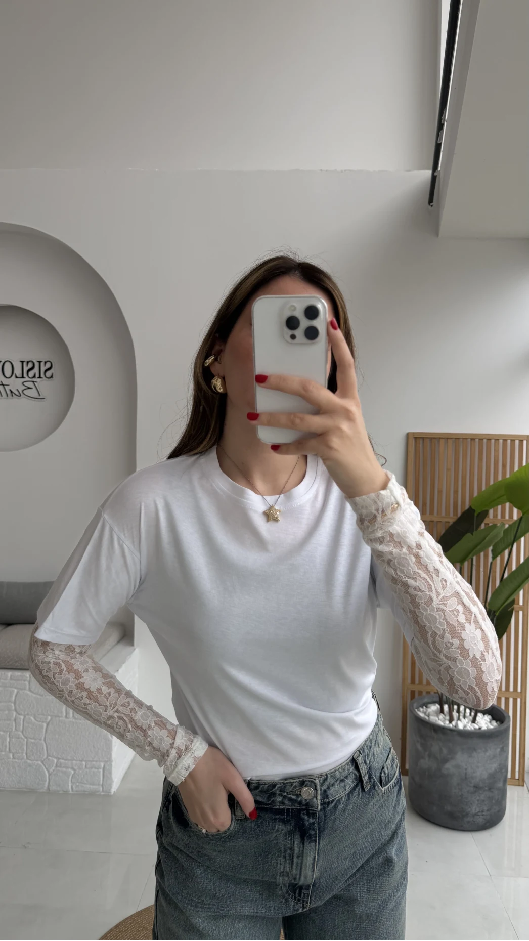 Kolu Danteli T-shirt - Beyaz