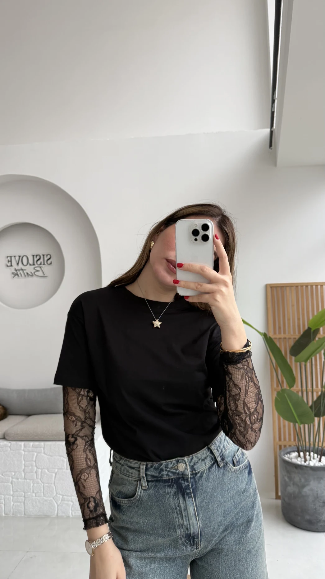 Kolu Danteli T-shirt - Siyah