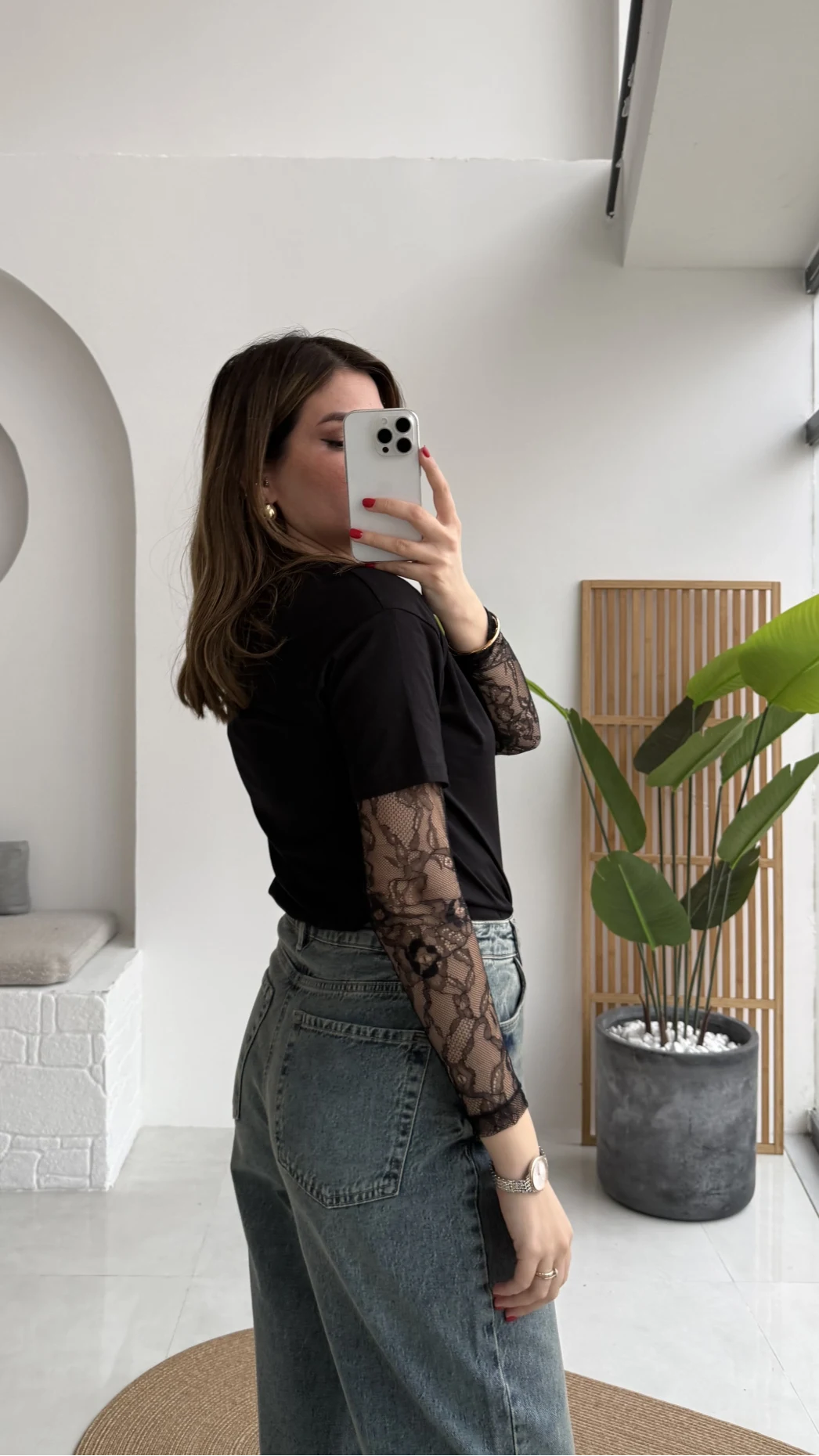 Kolu Danteli T-shirt - Siyah