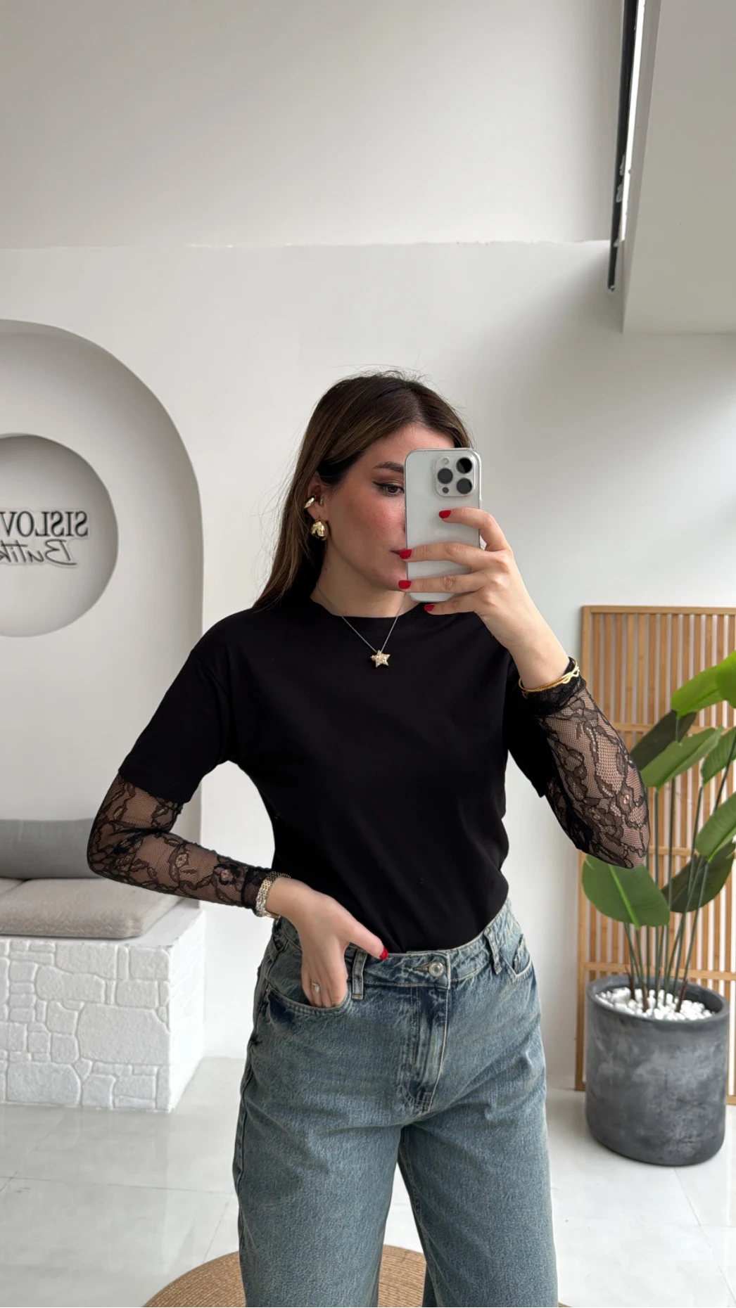 Kolu Danteli T-shirt - Siyah