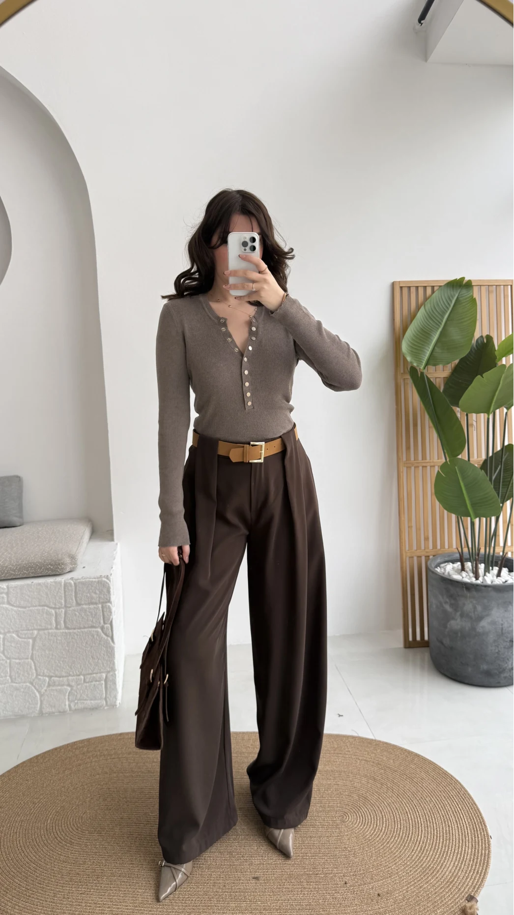 Köprü Detay Kemerli Pantolon - Acı Kahve - Kod: 3855