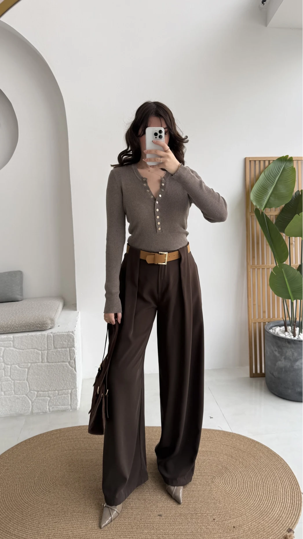 Köprü Detay Kemerli Pantolon - Acı Kahve - Kod: 3855