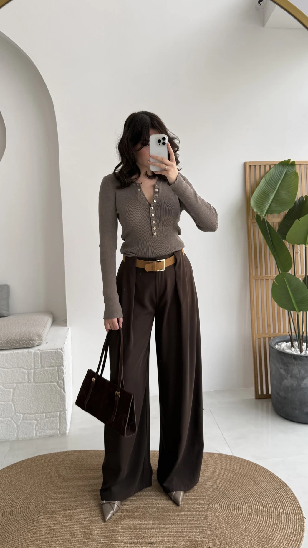 Köprü Detay Kemerli Pantolon - Acı Kahve - Kod: 3855