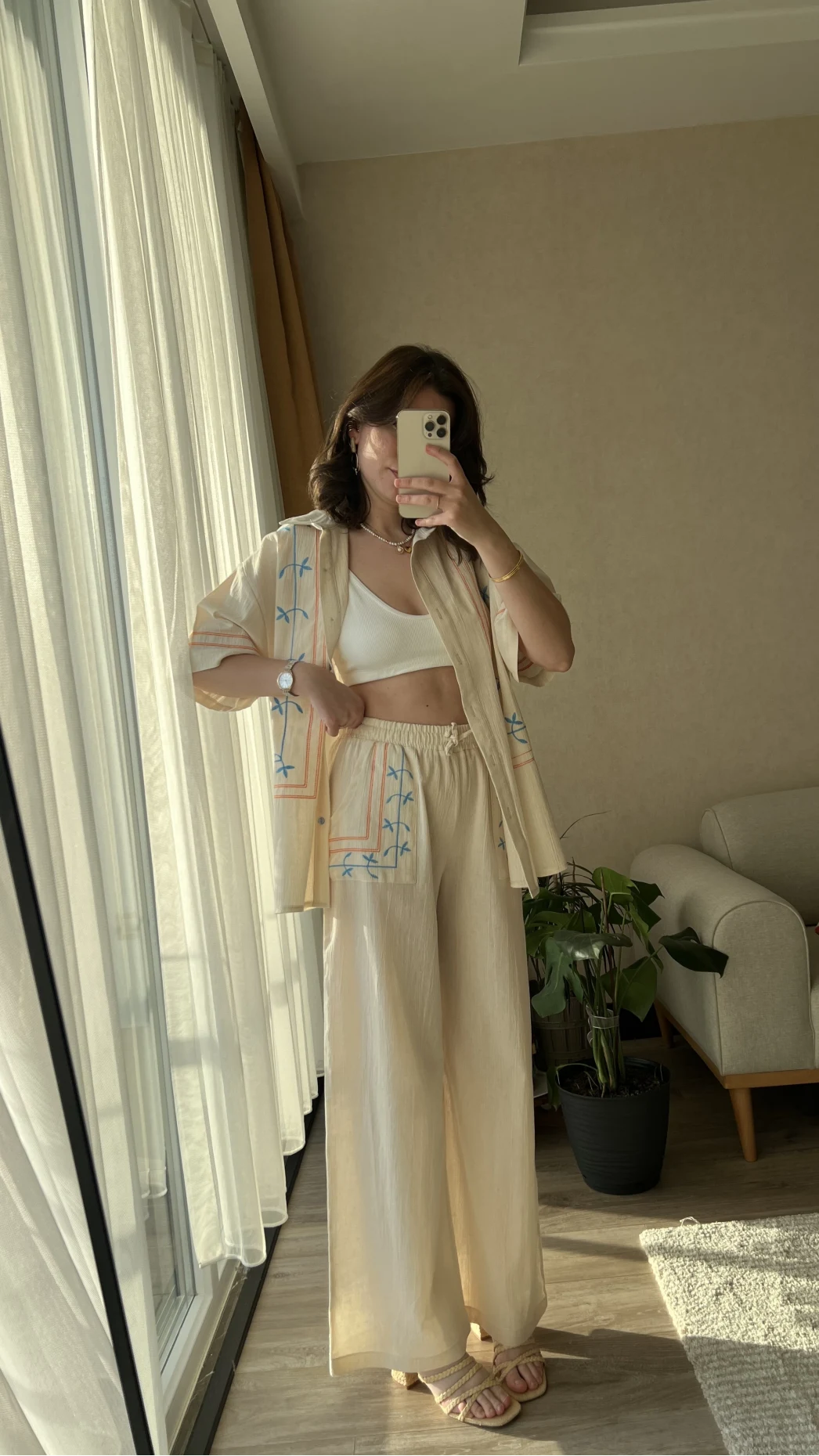Krem Rengi Etnik Desenli Kimono Pantolon Takım