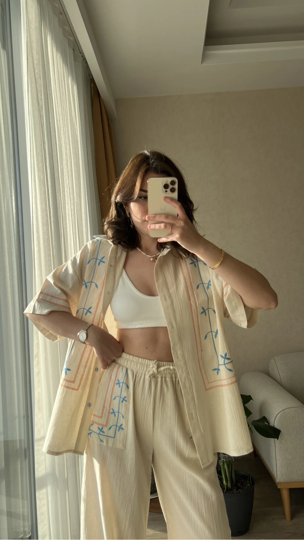 Krem Rengi Etnik Desenli Kimono Pantolon Takım
