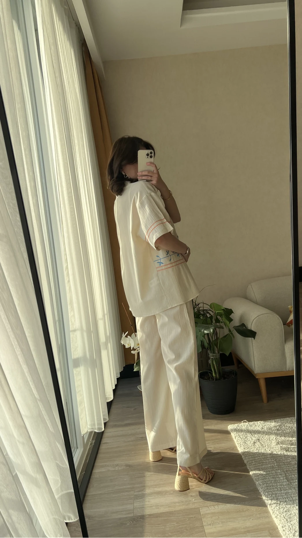 Krem Rengi Etnik Desenli Kimono Pantolon Takım
