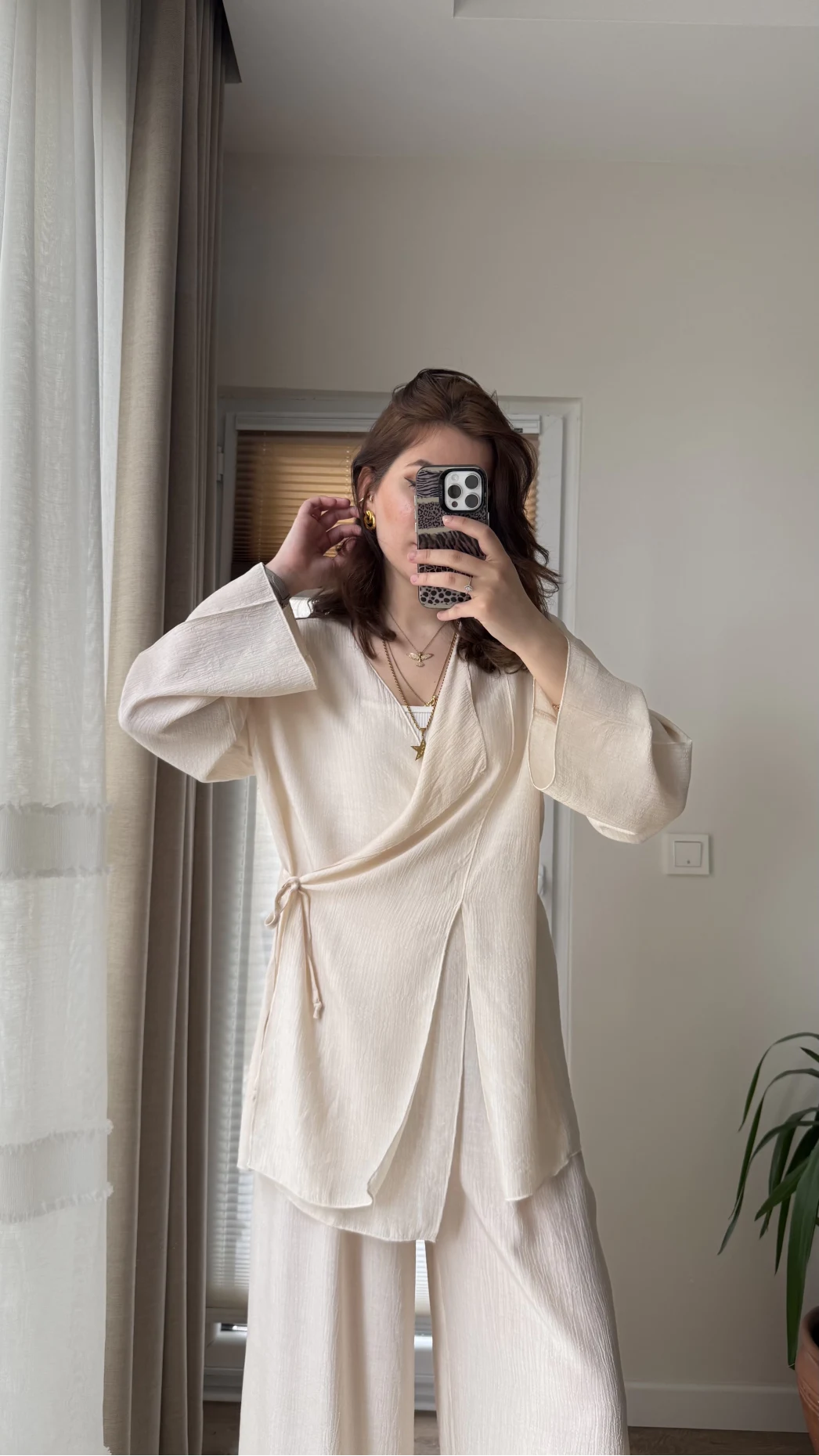 Krinkıl Viskon Kimono Takım Krem (KOD: 51109)