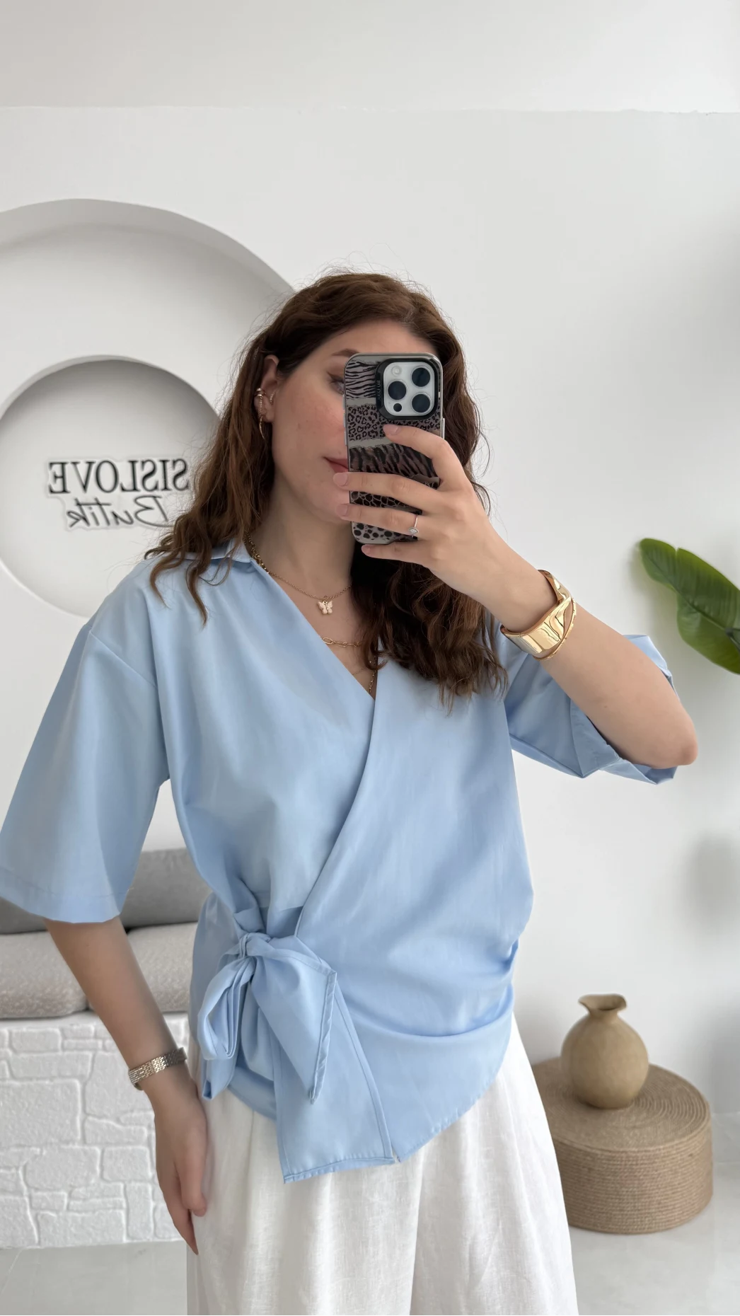 Kruvaze Yaka Bağlamalı Bluz - Bebe Mavisi - 1021