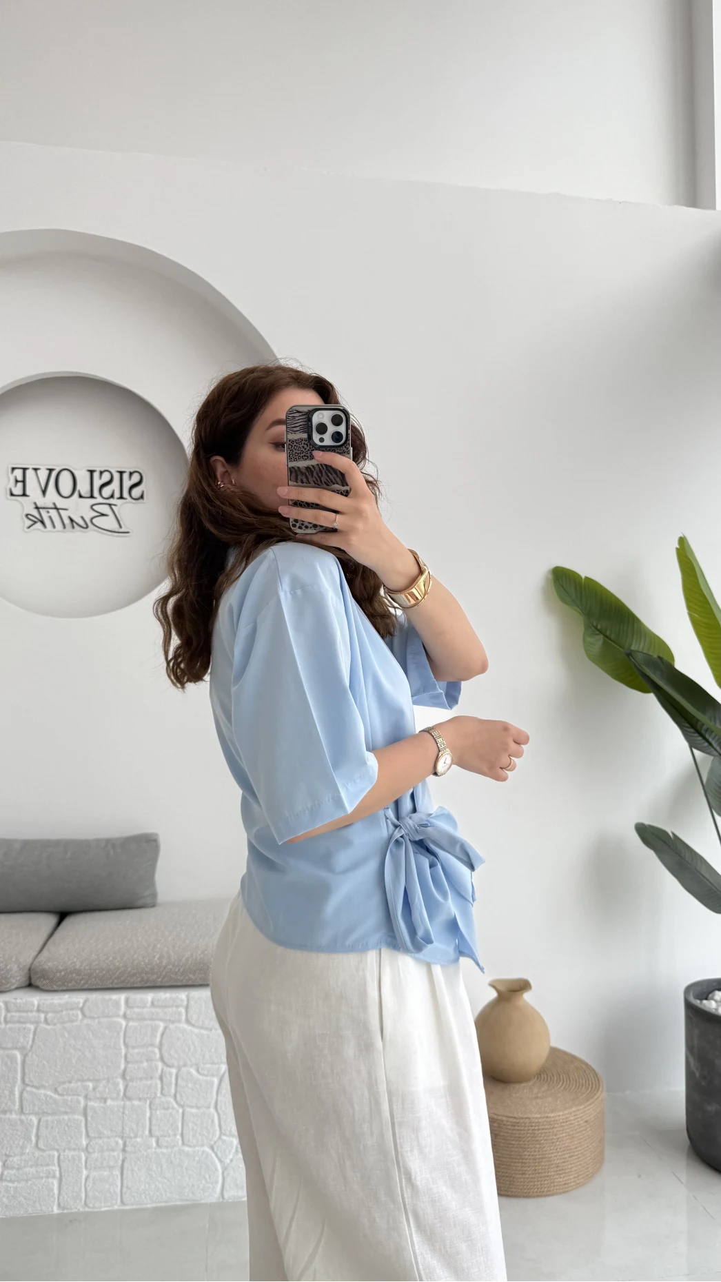 Kruvaze Yaka Bağlamalı Bluz - Bebe Mavisi - 1021