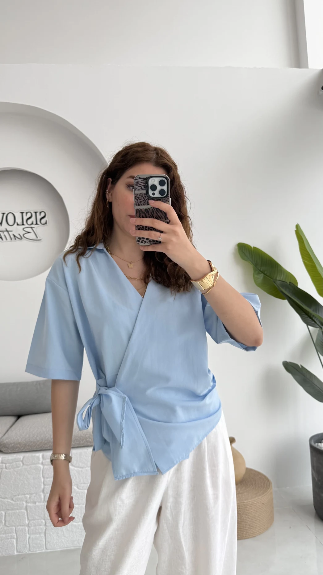 Kruvaze Yaka Bağlamalı Bluz - Bebe Mavisi - 1021