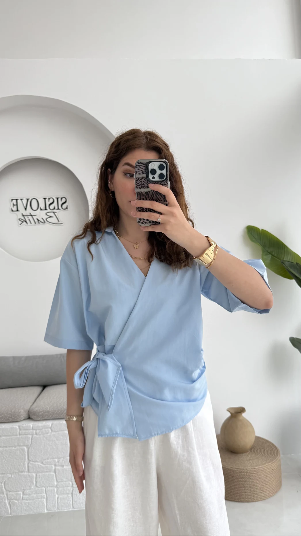 Kruvaze Yaka Bağlamalı Bluz - Bebe Mavisi - 1021