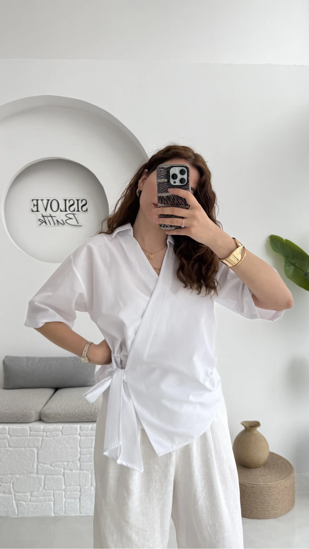 Kruvaze Yaka Bağlamalı Bluz - Beyaz - 1021