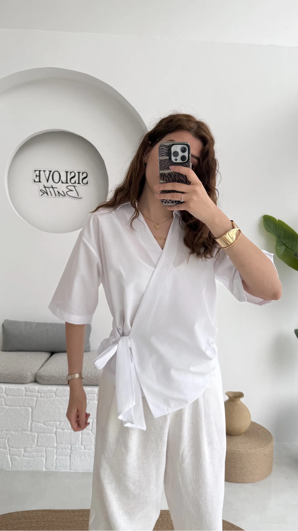 Kruvaze Yaka Bağlamalı Bluz - Beyaz - 1021