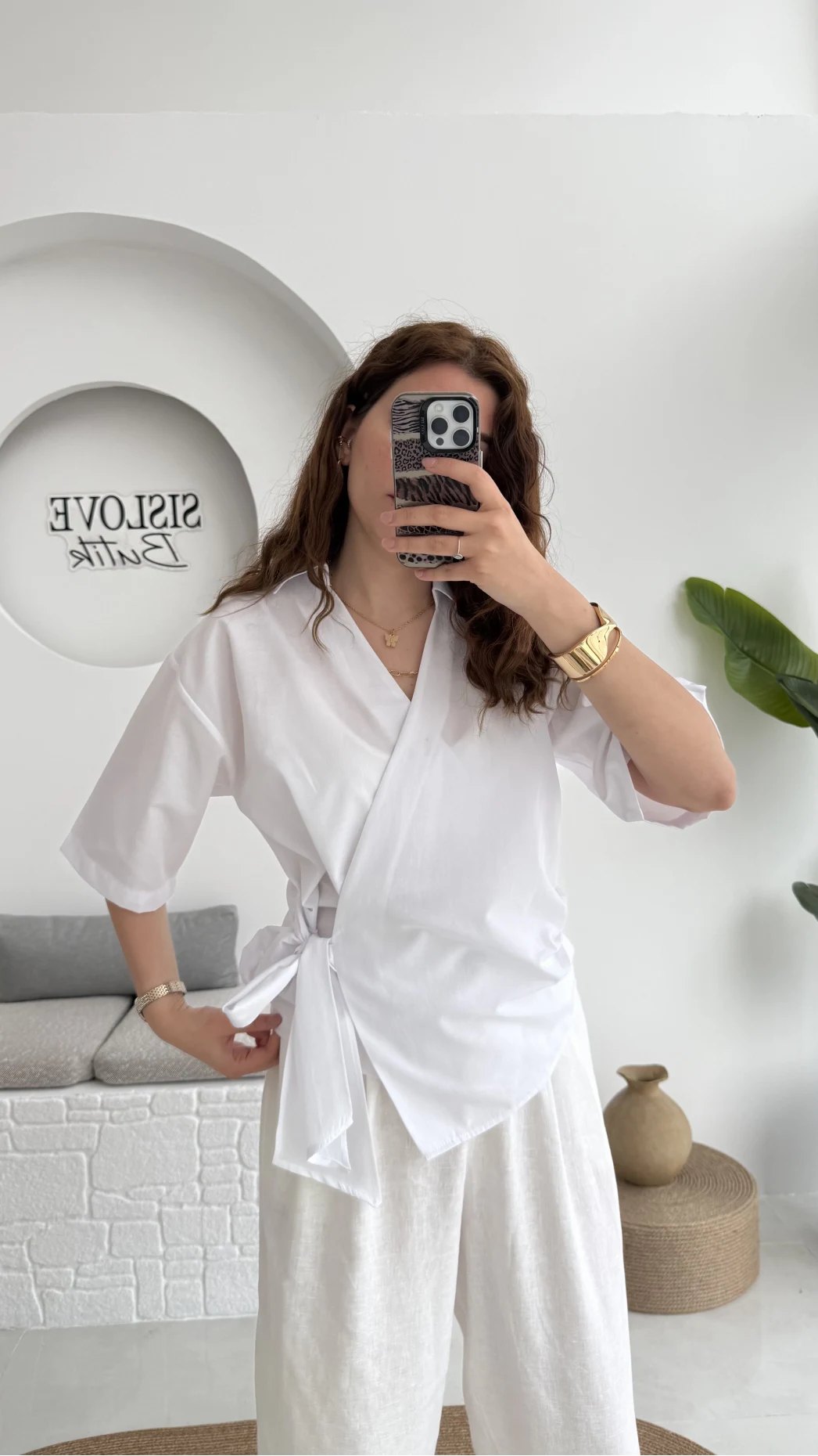 Kruvaze Yaka Bağlamalı Bluz - Beyaz - 1021