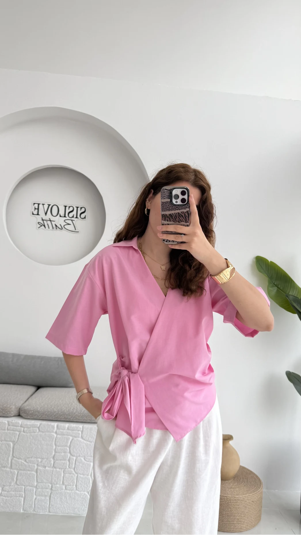 Kruvaze Yaka Bağlamalı Bluz - Pembe - 1021