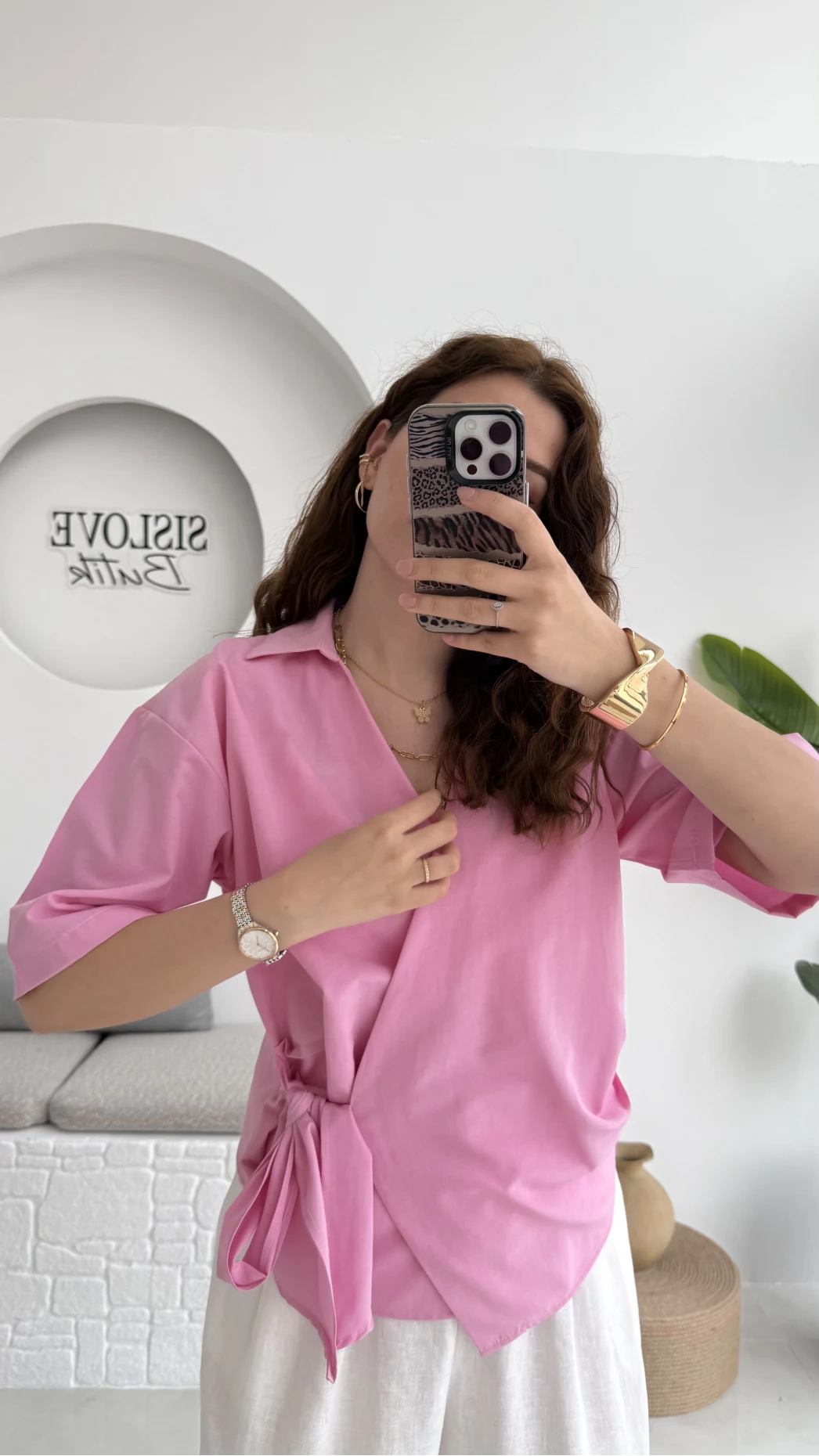 Kruvaze Yaka Bağlamalı Bluz - Pembe - 1021