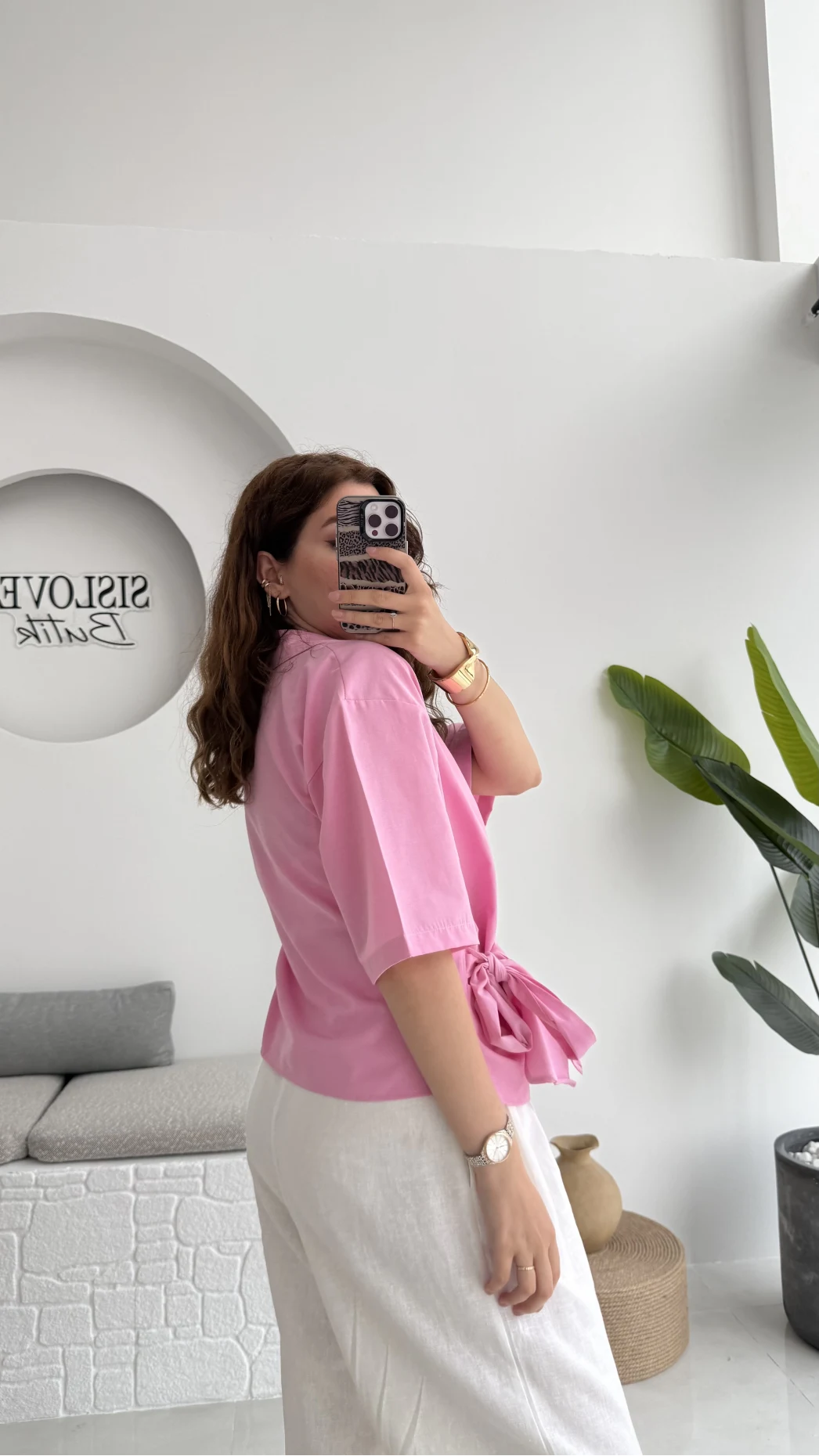 Kruvaze Yaka Bağlamalı Bluz - Pembe - 1021