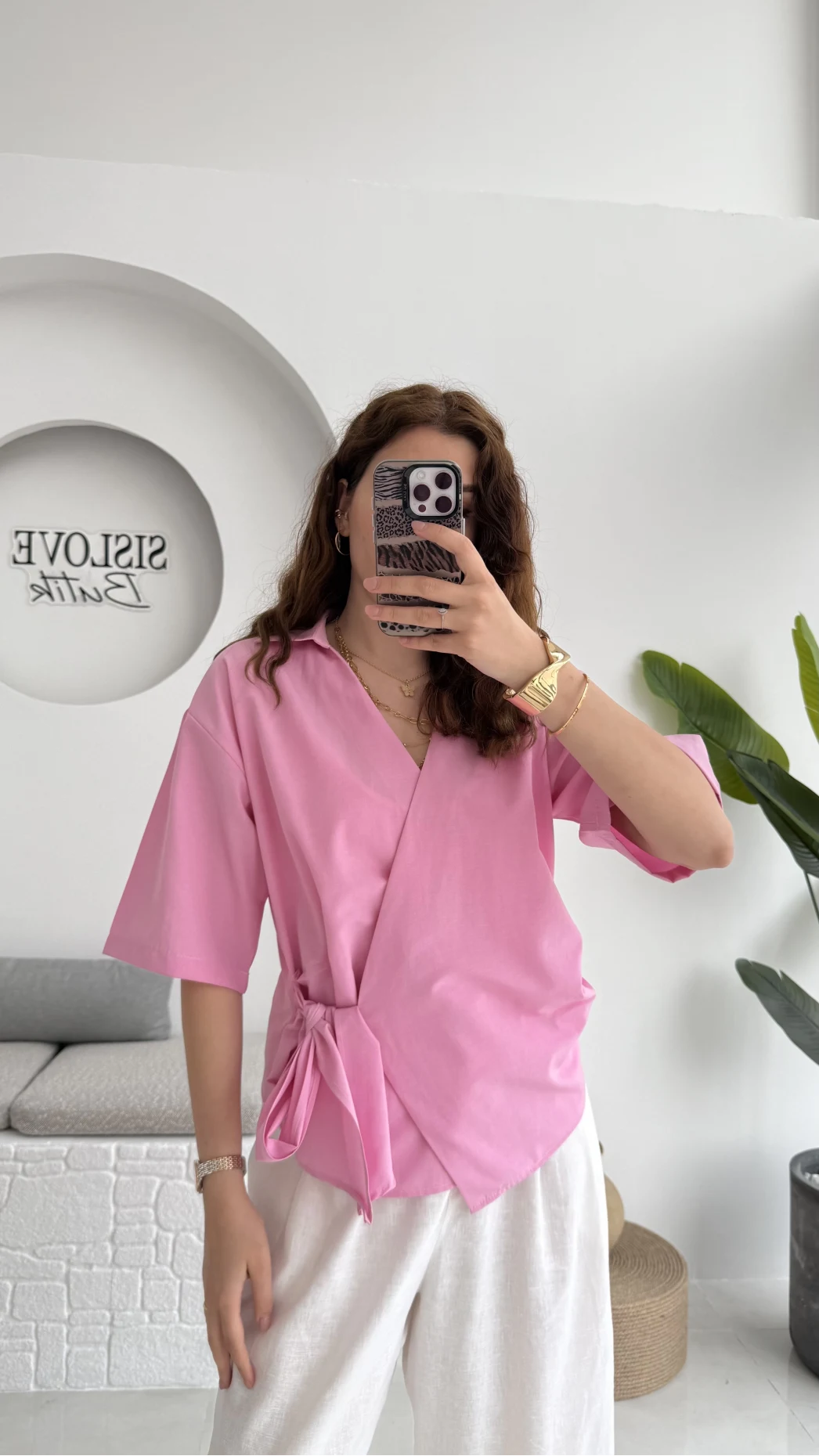 Kruvaze Yaka Bağlamalı Bluz - Pembe - 1021