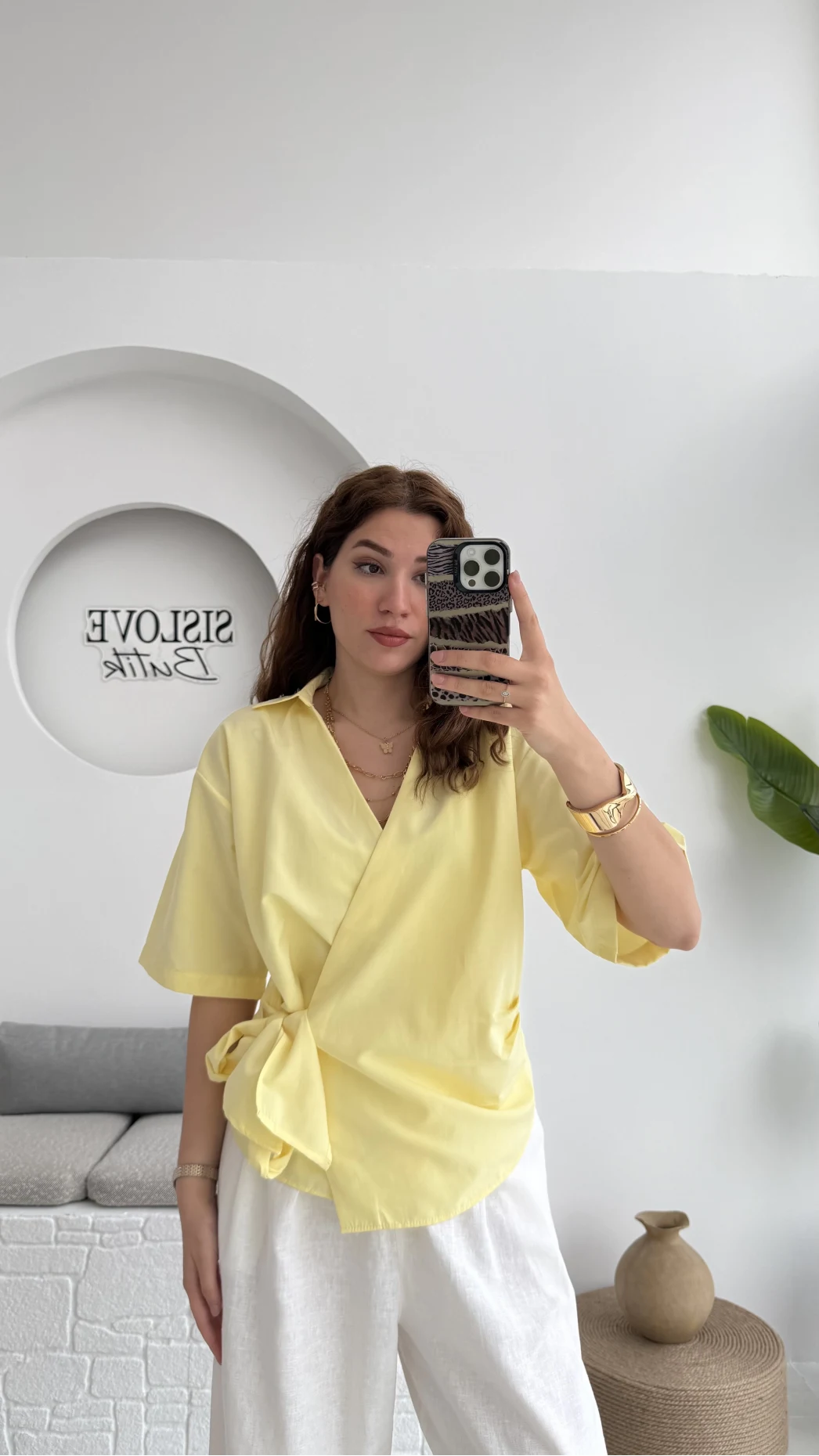 Kruvaze Yaka Bağlamalı Bluz - Sarı - 1021