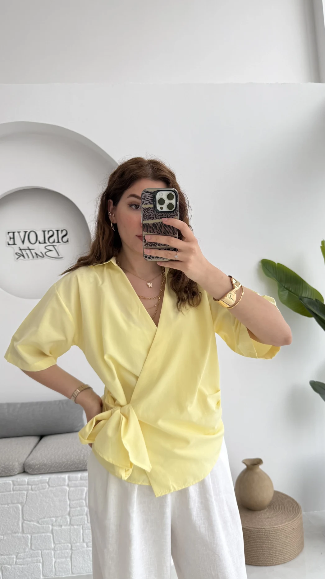 Kruvaze Yaka Bağlamalı Bluz - Sarı - 1021