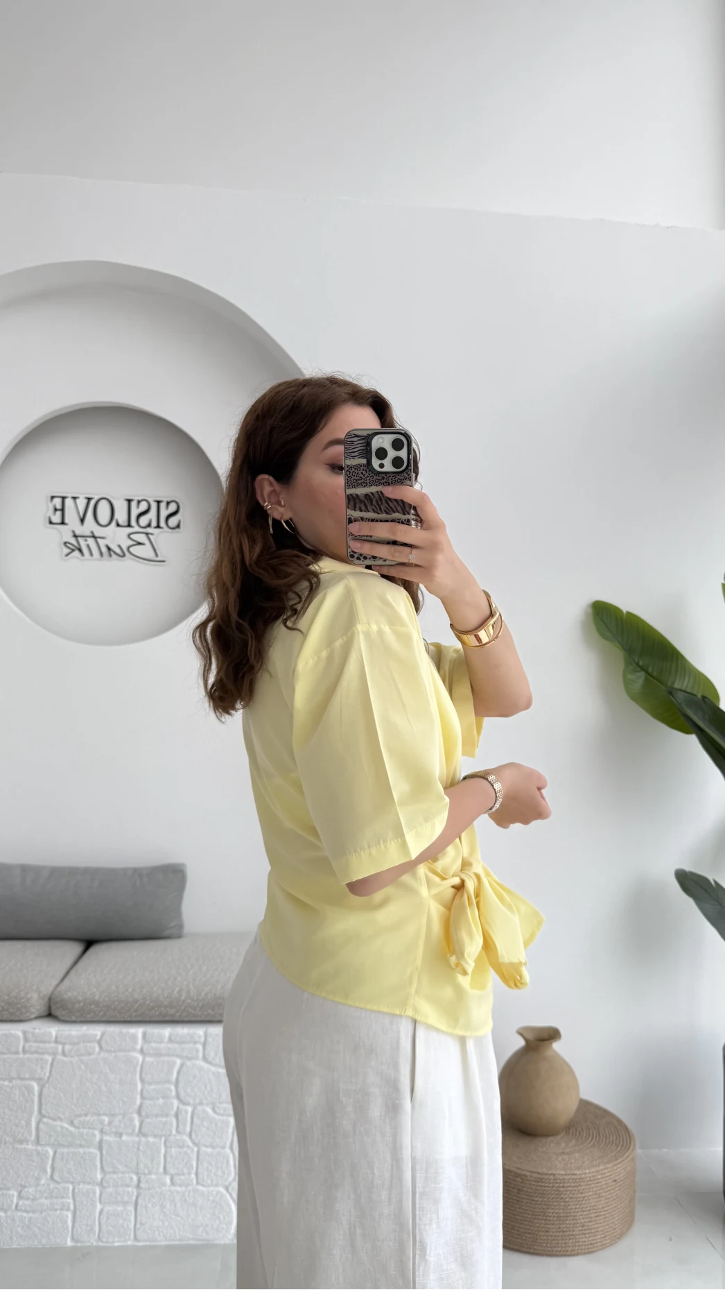 Kruvaze Yaka Bağlamalı Bluz - Sarı - 1021