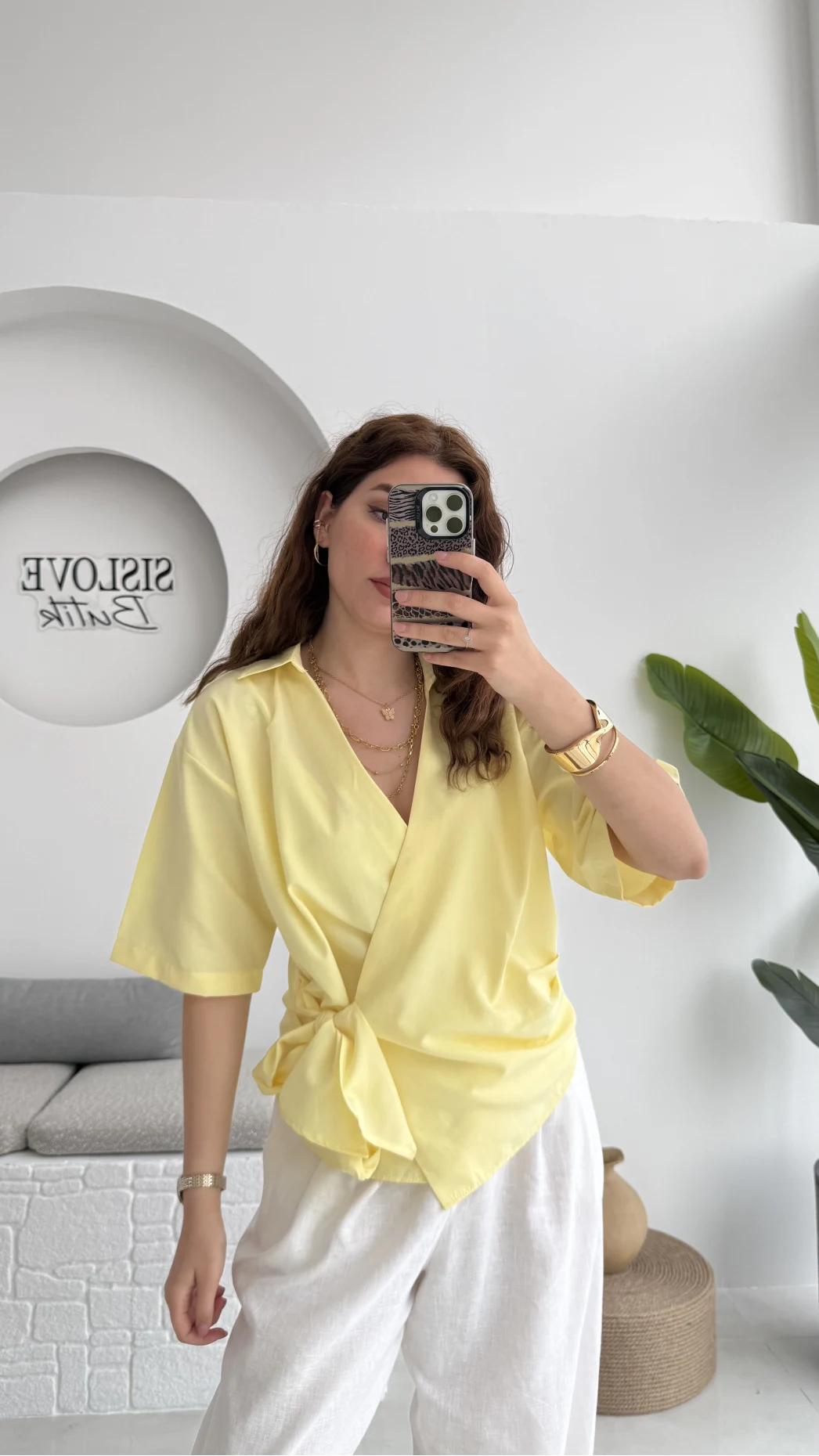 Kruvaze Yaka Bağlamalı Bluz - Sarı - 1021