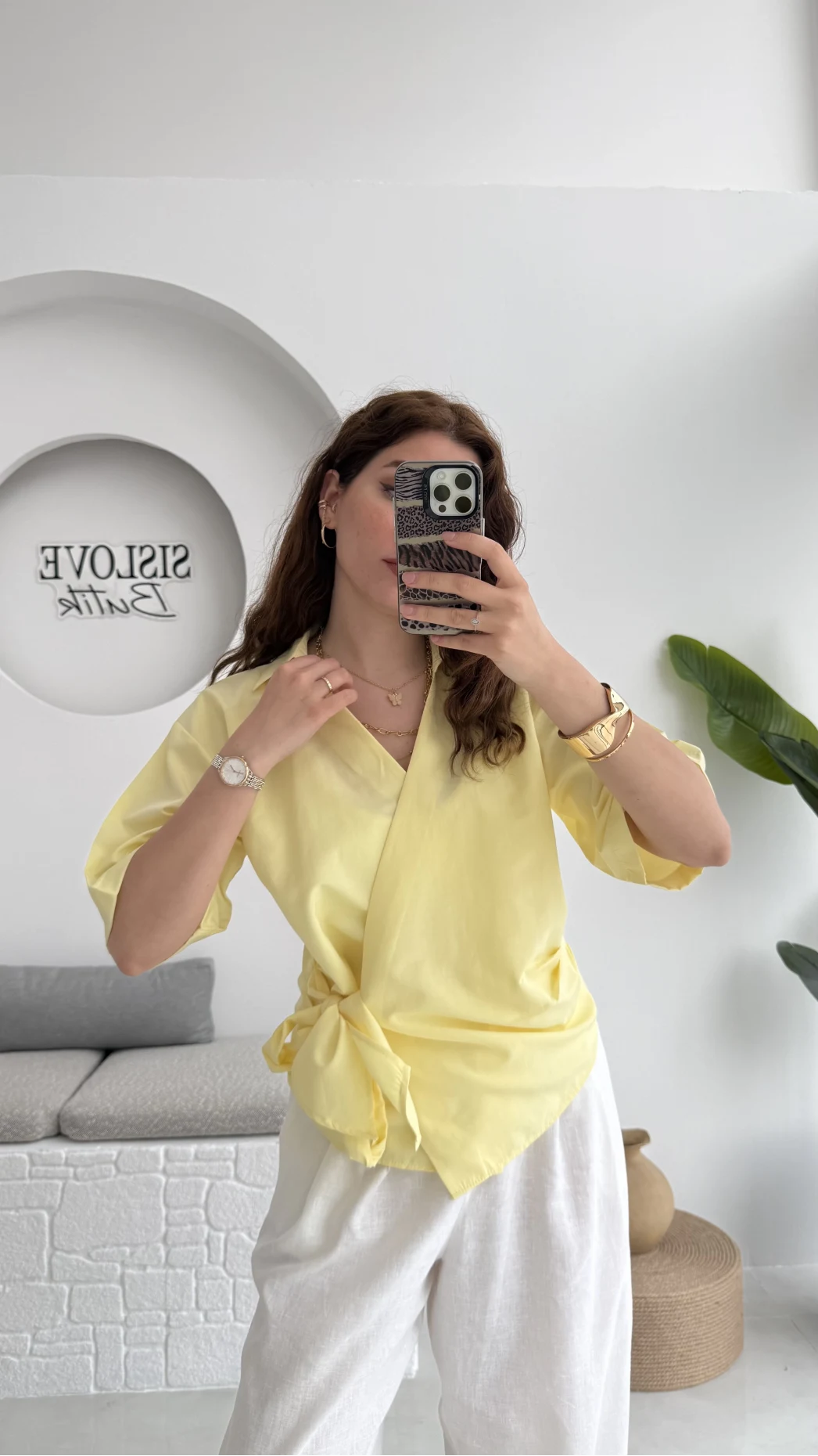 Kruvaze Yaka Bağlamalı Bluz - Sarı - 1021