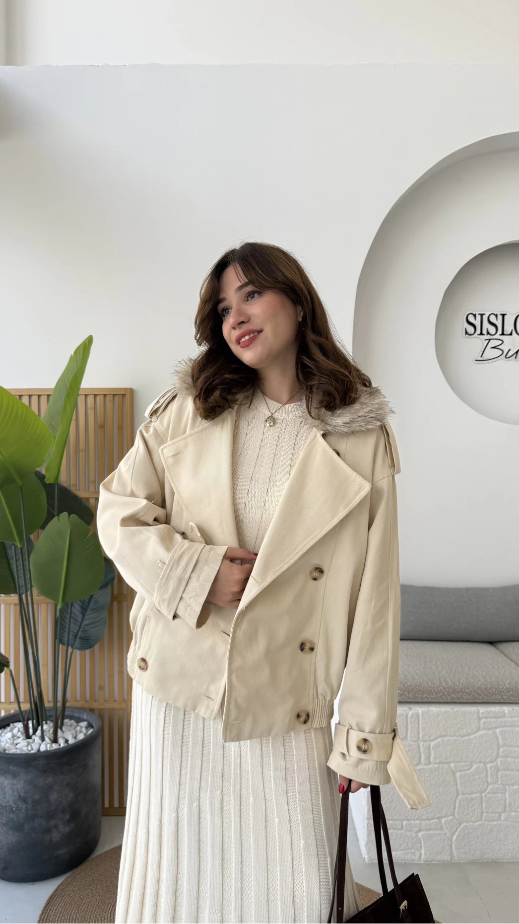 Kürk Yakalı Trençkot - Krem - Kod: 508232