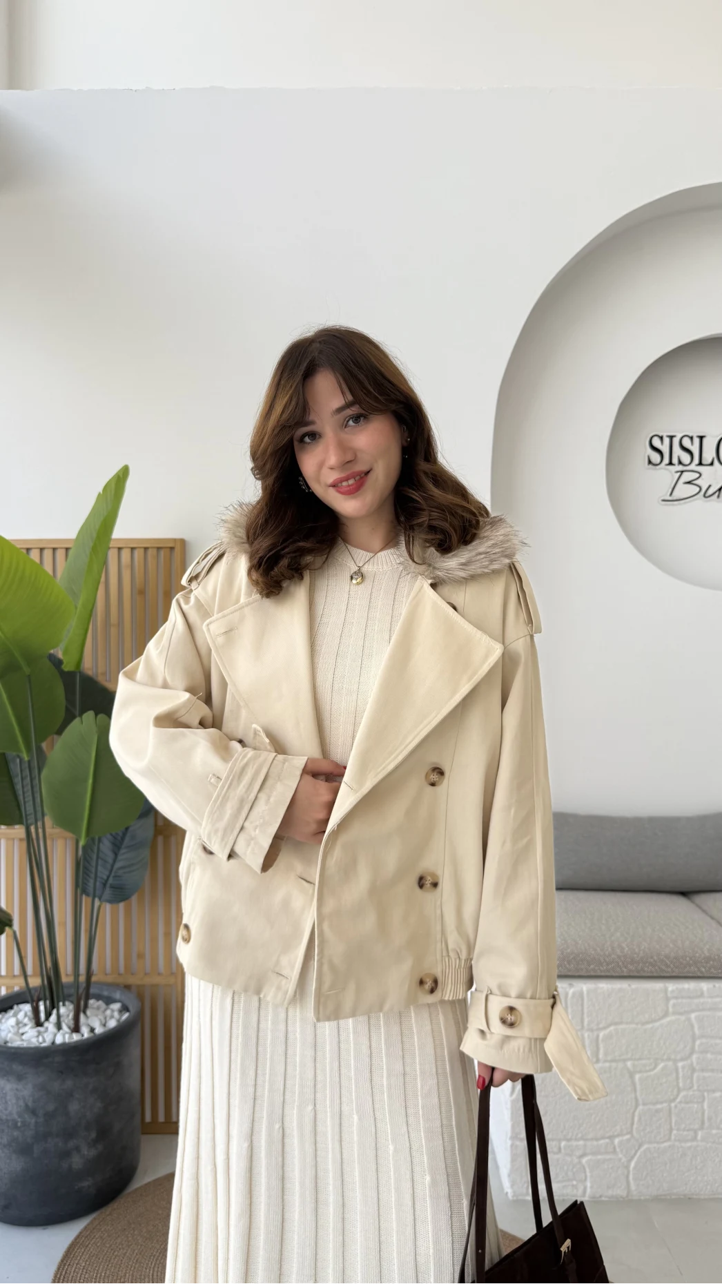 Kürk Yakalı Trençkot - Krem - Kod: 508232