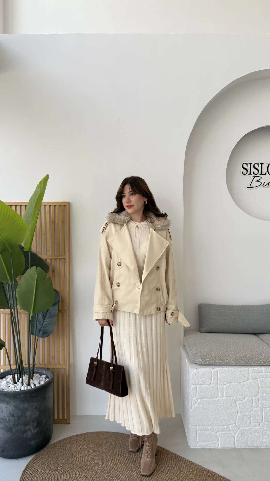 Kürk Yakalı Trençkot - Krem - Kod: 508232