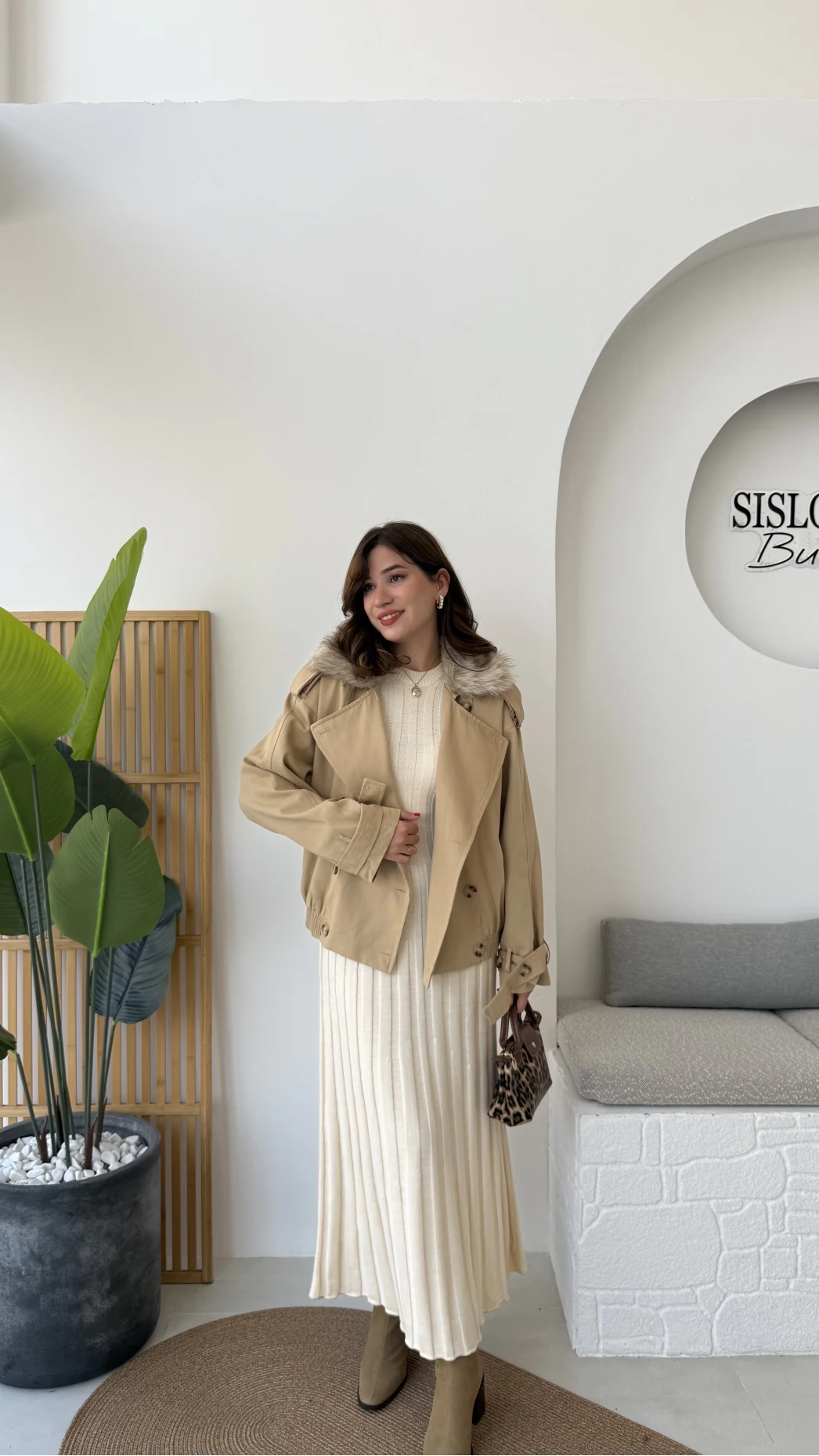 Kürk Yakalı Trençkot - Vizon - Kod: 508232