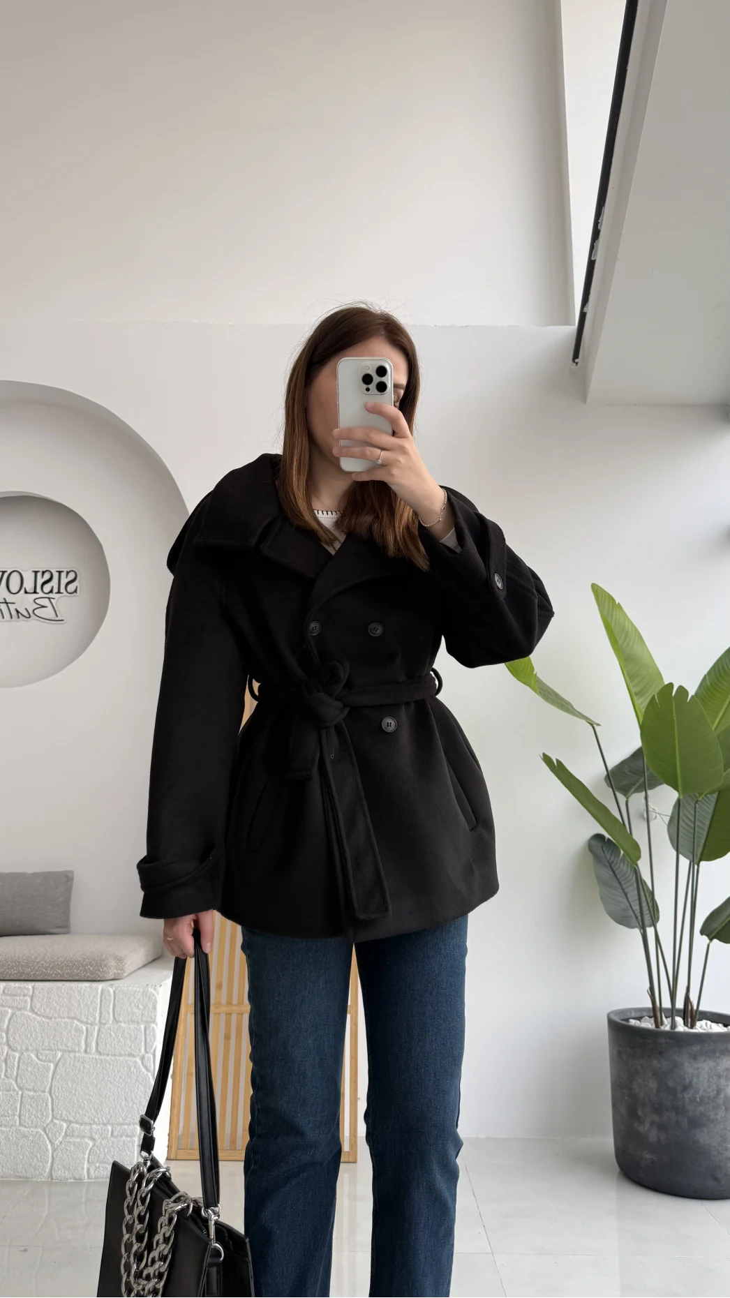 Kuruvaze Kısa Kuşaklı Kaban - Siyah - Kod: 7676