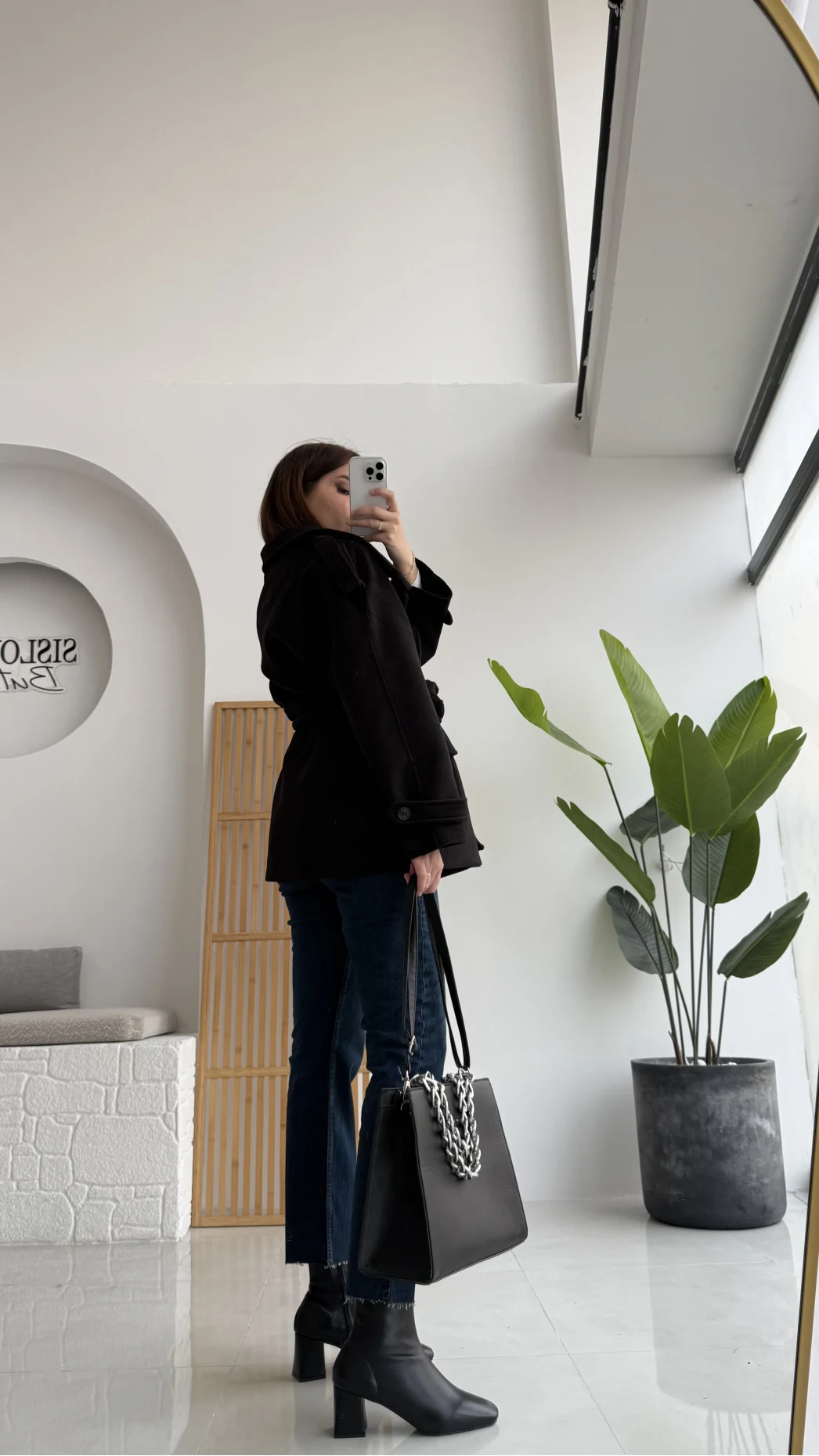 Kuruvaze Kısa Kuşaklı Kaban - Siyah - Kod: 7676