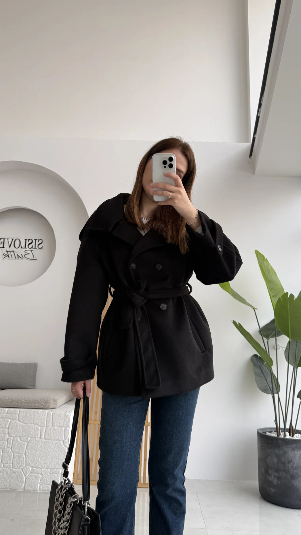 Kuruvaze Kısa Kuşaklı Kaban - Siyah - Kod: 7676