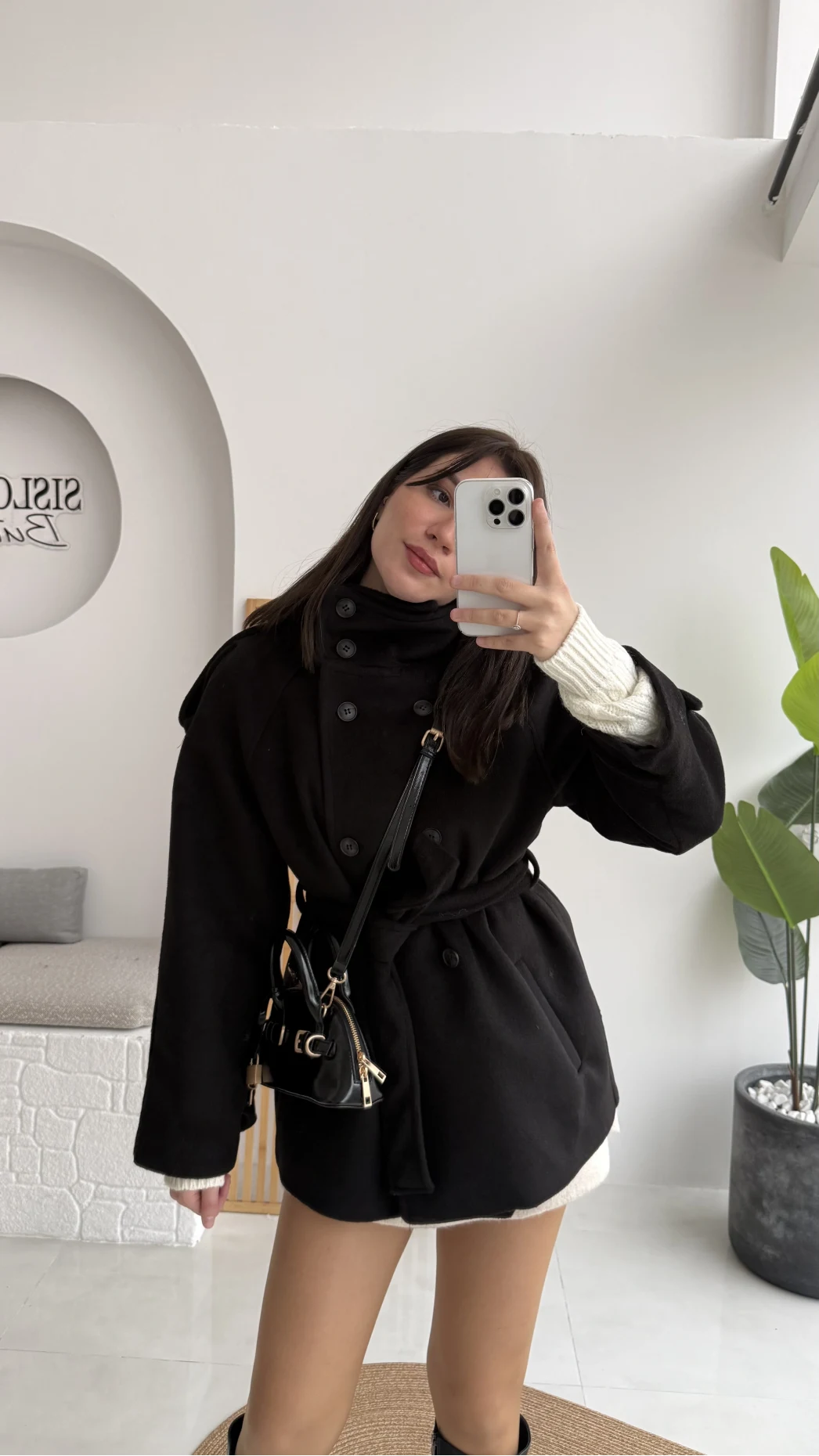 Kruvaze Kısa Kuşaklı Kaban - Siyah - Kod: 7676