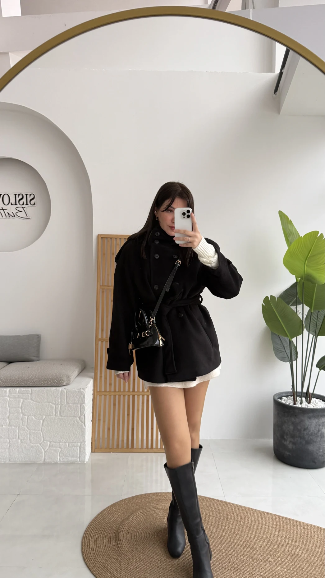 Kruvaze Kısa Kuşaklı Kaban - Siyah - Kod: 7676