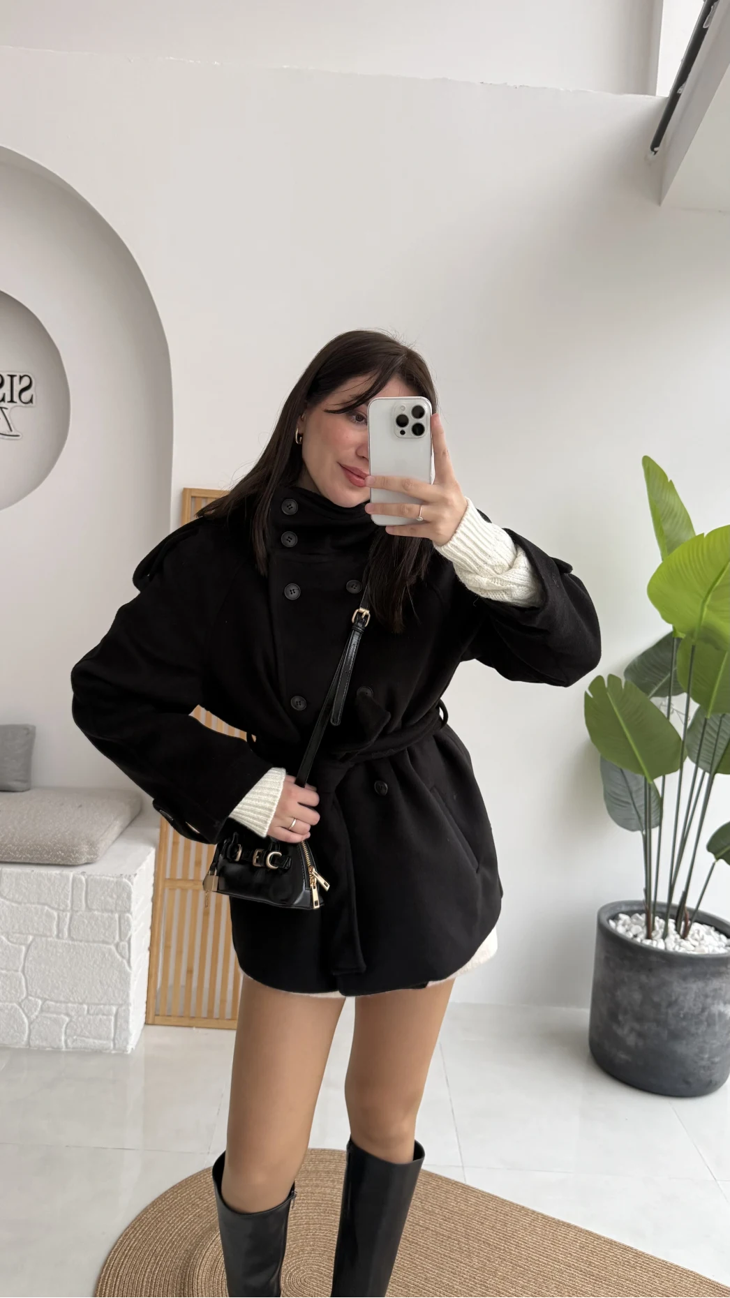 Kruvaze Kısa Kuşaklı Kaban - Siyah - Kod: 7676