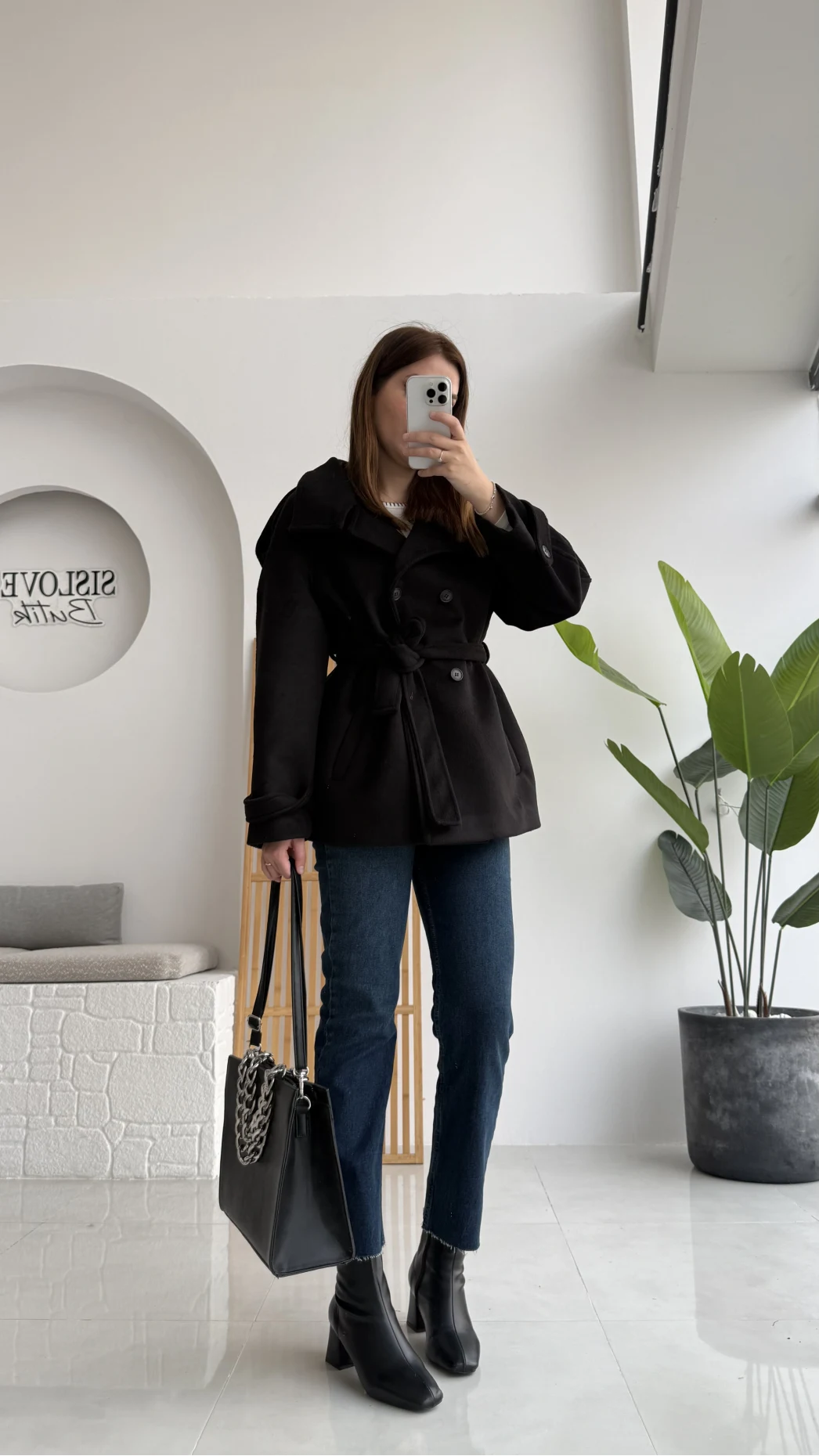 Kuruvaze Kısa Kuşaklı Kaban - Siyah - Kod: 7676