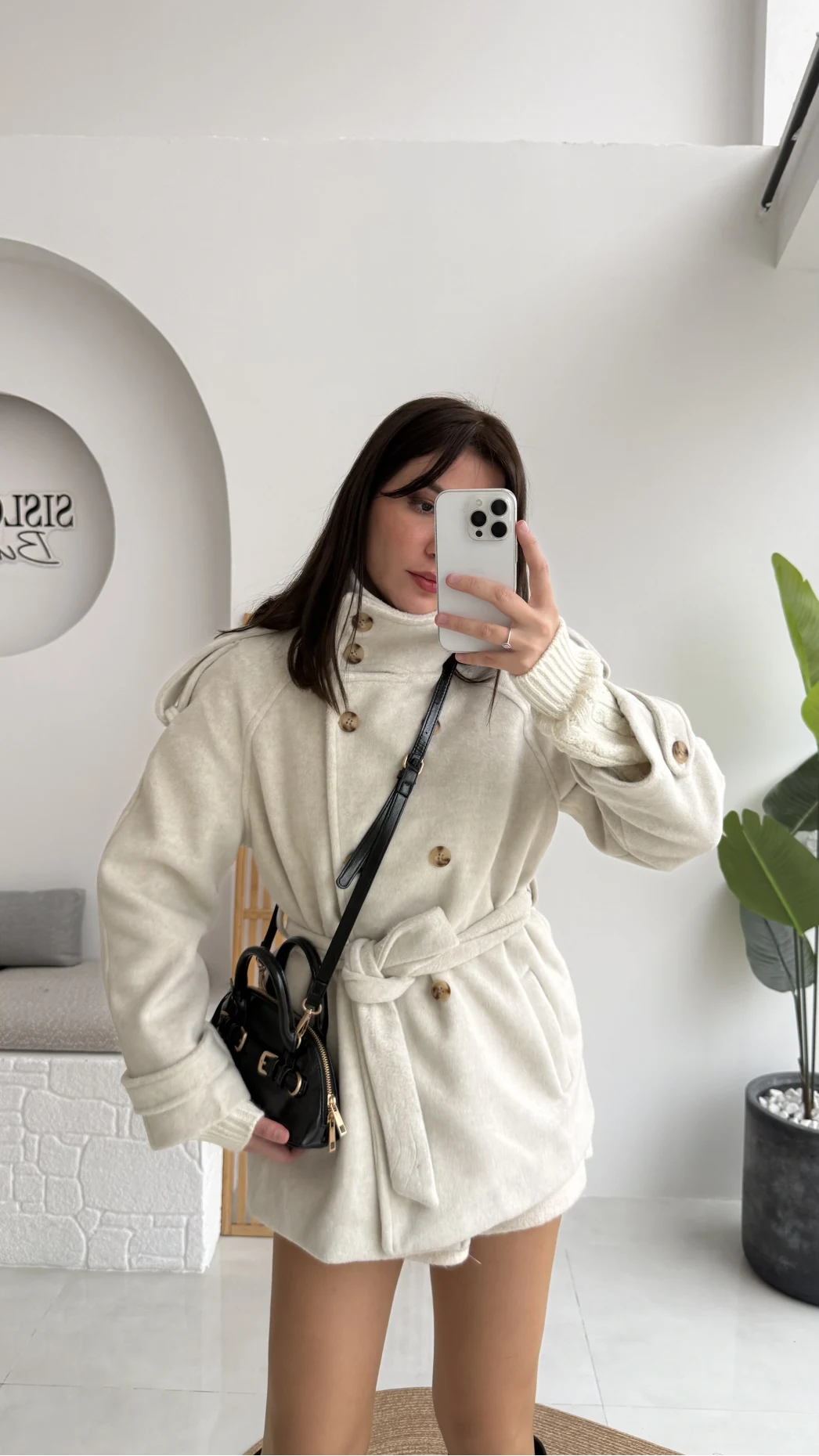 Kruvaze Kısa Kuşaklı Kaban - Taş - Kod: 7676