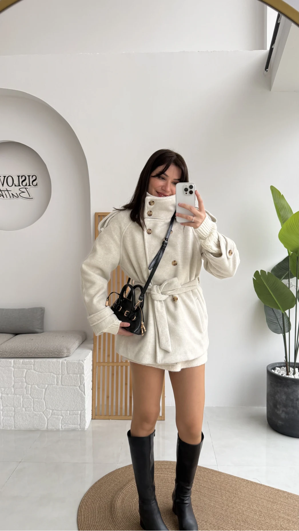 Kruvaze Kısa Kuşaklı Kaban - Taş - Kod: 7676