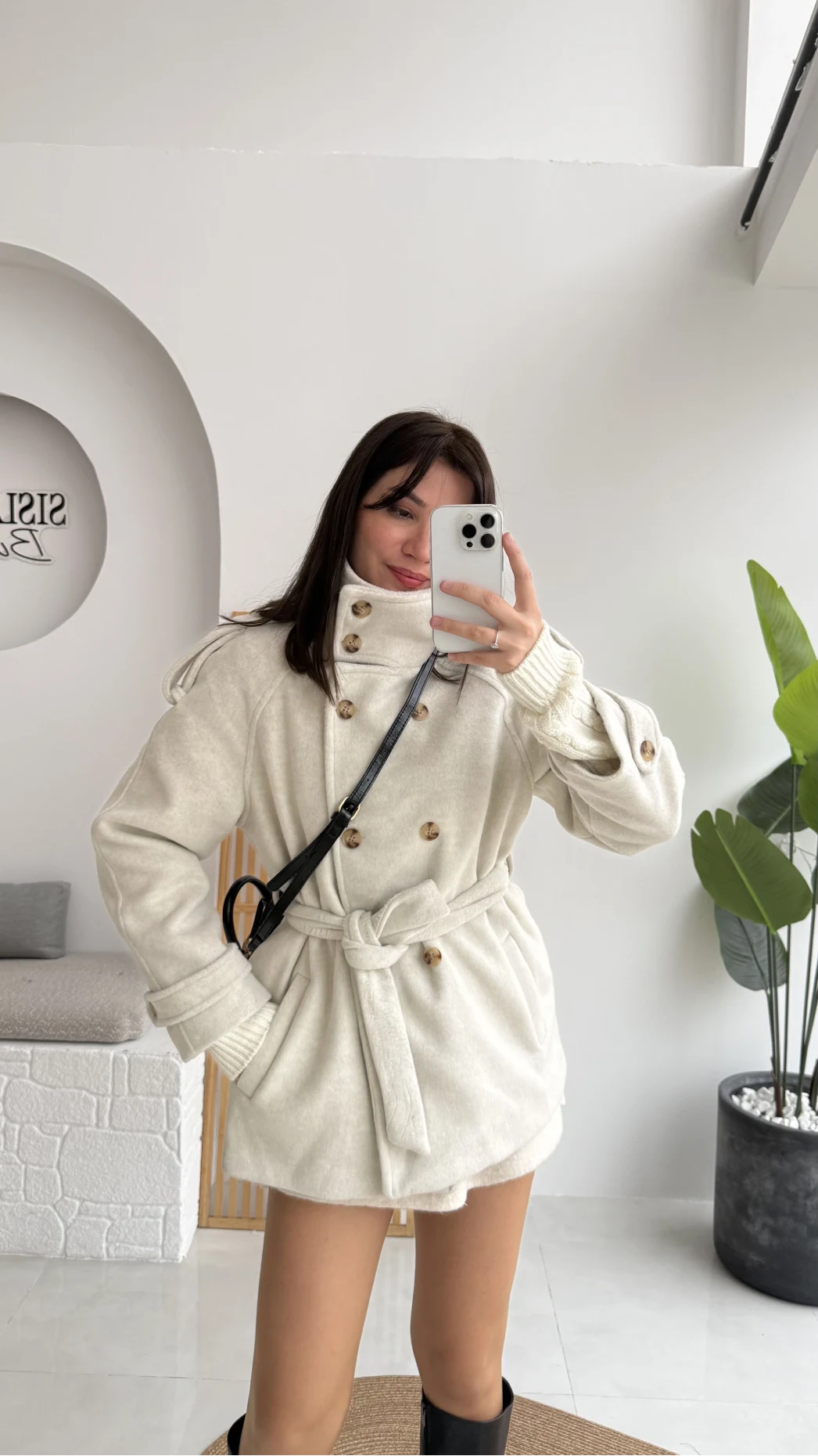 Kruvaze Kısa Kuşaklı Kaban - Taş - Kod: 7676