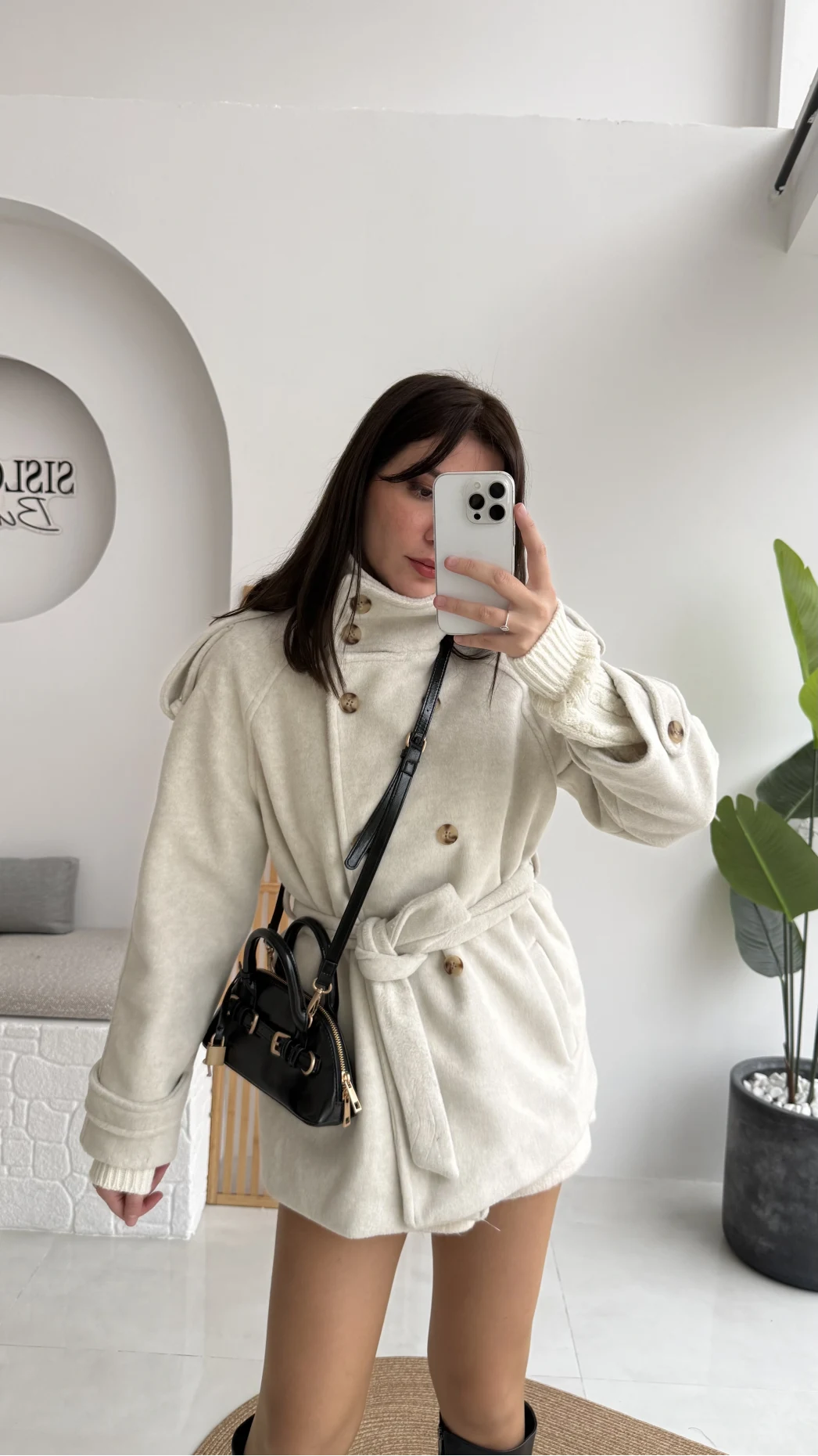 Kruvaze Kısa Kuşaklı Kaban - Taş - Kod: 7676