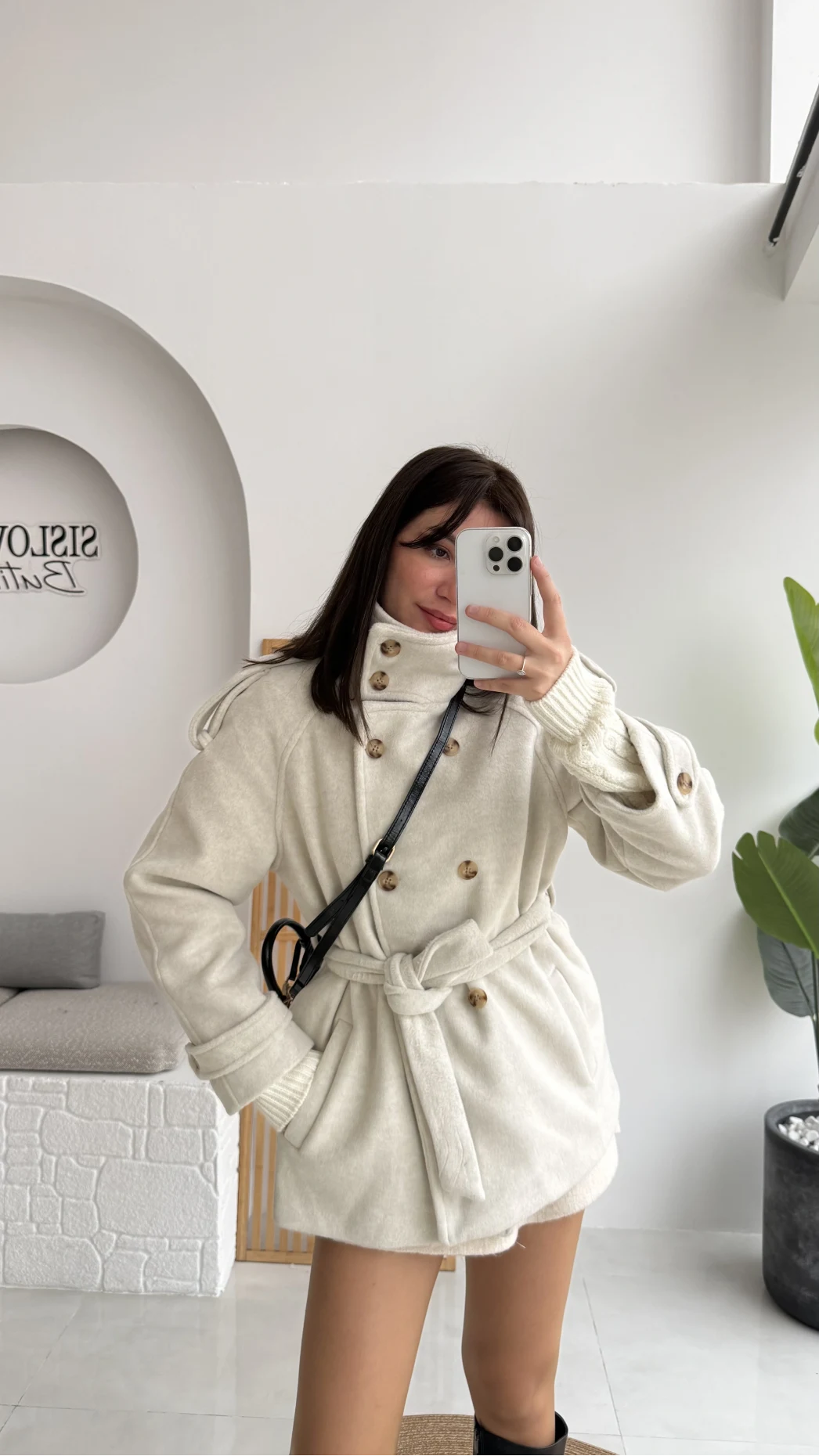 Kruvaze Kısa Kuşaklı Kaban - Taş - Kod: 7676